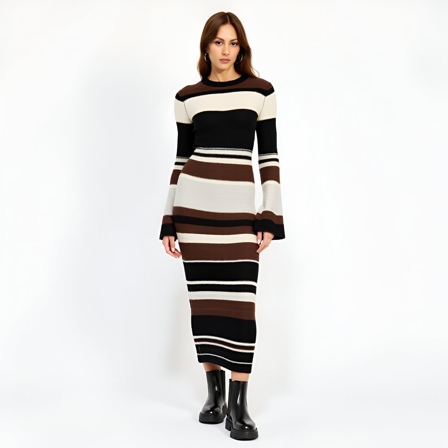 Striped Long Sleeve Knit Midi Dress with Flared Cuff Detail