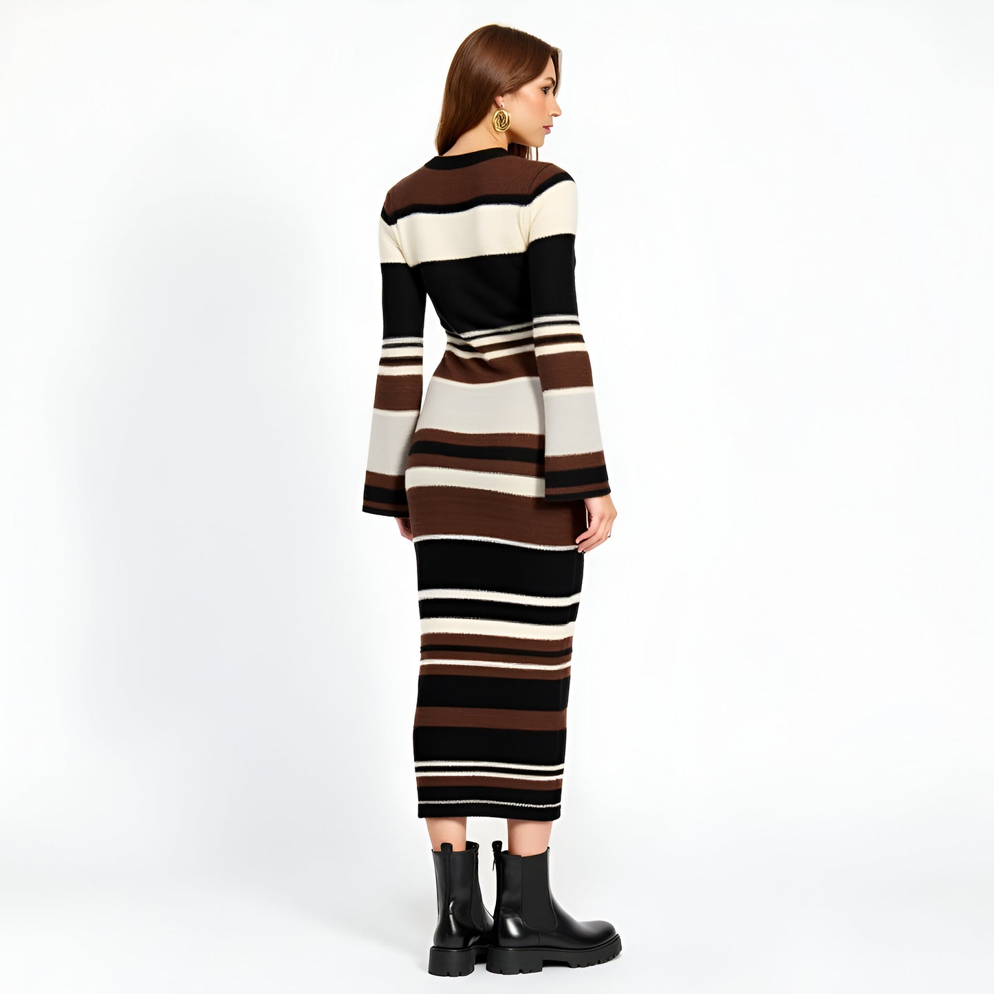 Striped Long Sleeve Knit Midi Dress with Flared Cuff Detail