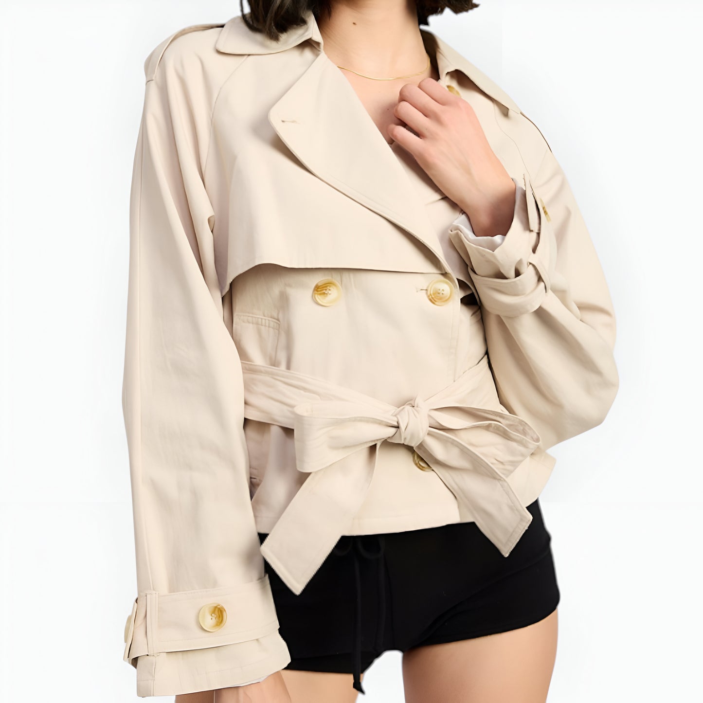 Cropped Trench Jacket with Waist Tie, Double-Breasted Front and Cuff Tabs