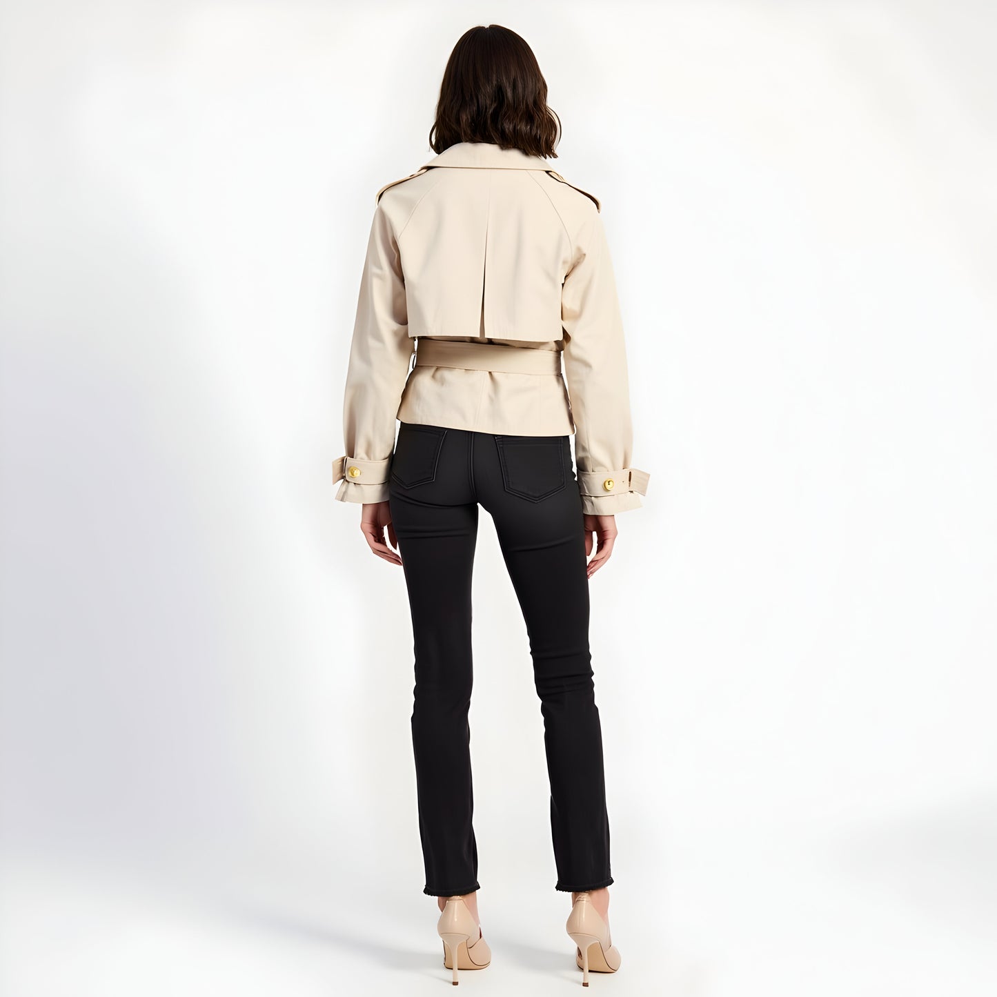 Cropped Trench Jacket with Waist Tie, Double-Breasted Front and Cuff Tabs