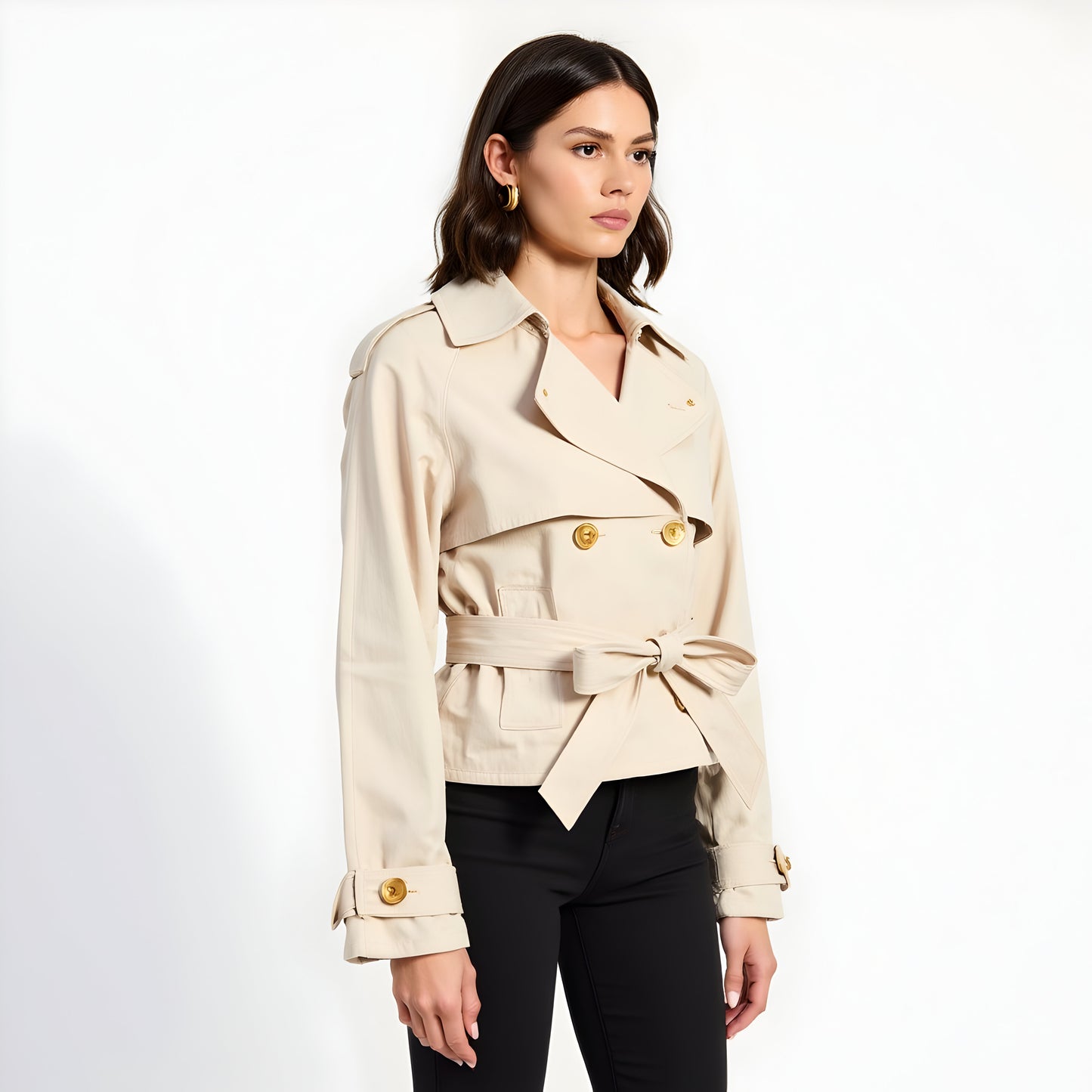 Cropped Trench Jacket with Waist Tie, Double-Breasted Front and Cuff Tabs