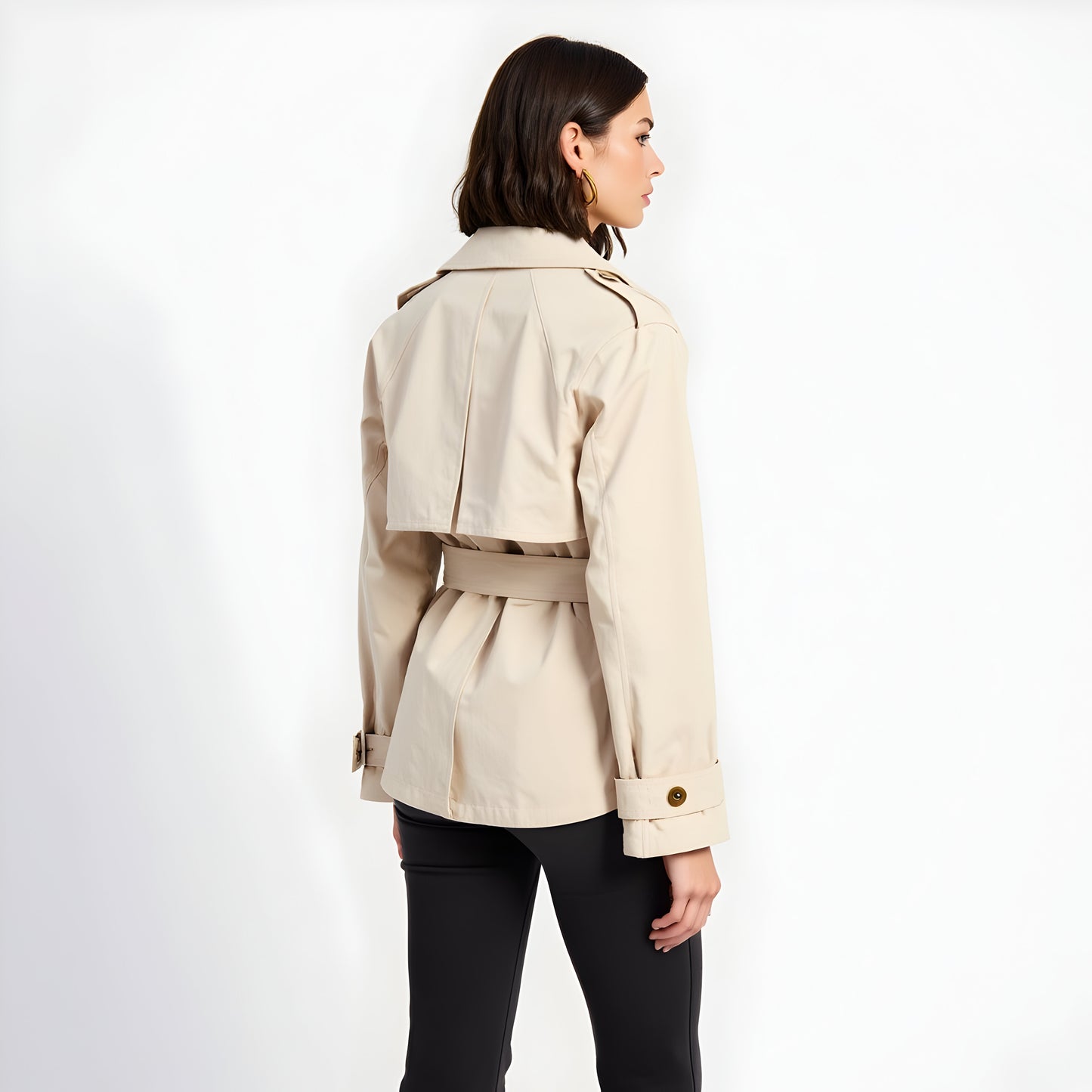 Cropped Trench Jacket with Waist Tie, Double-Breasted Front and Cuff Tabs