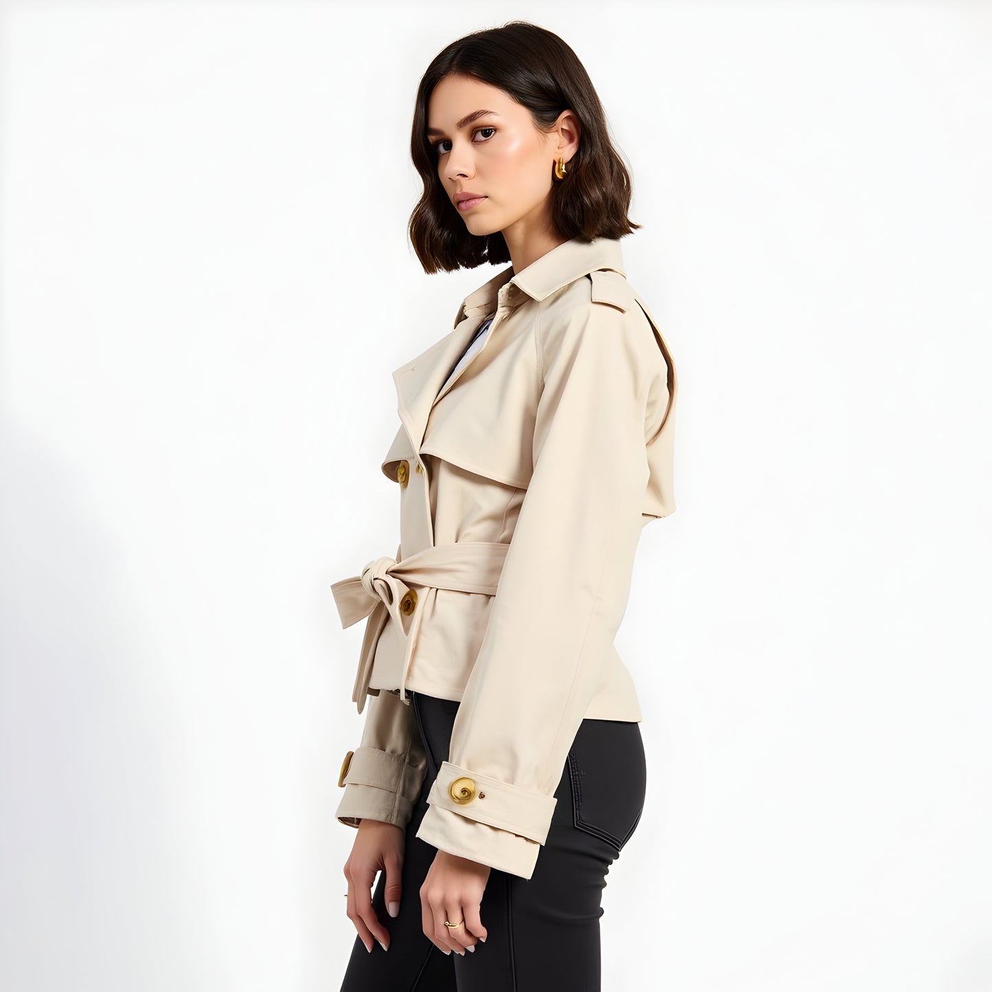 Cropped Trench Jacket with Waist Tie, Double-Breasted Front and Cuff Tabs