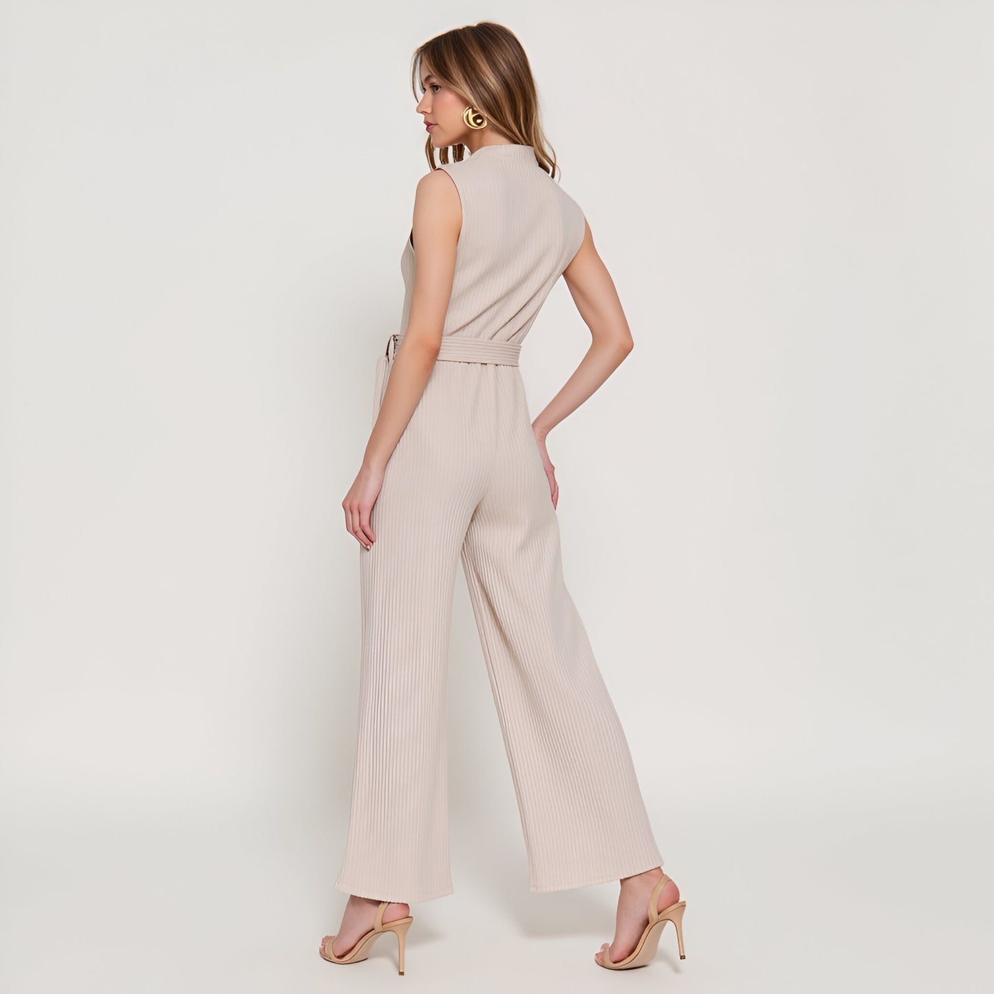 Sleeveless Ribbed Knit Belted Top and Wide-Leg Pants Set