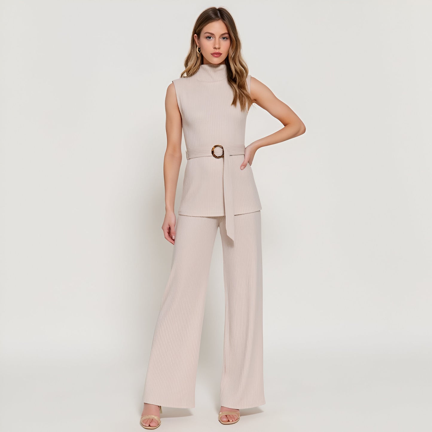 Sleeveless Ribbed Knit Belted Top and Wide-Leg Pants Set