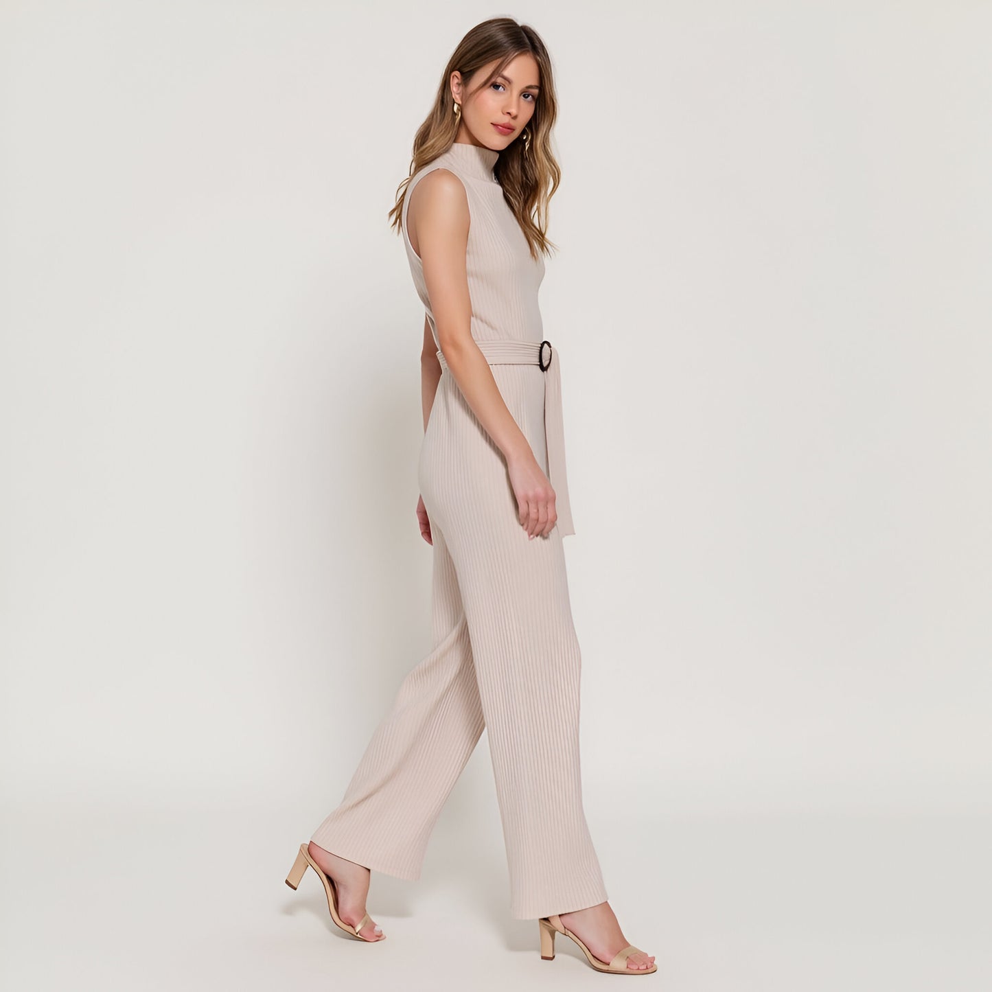 Sleeveless Ribbed Knit Belted Top and Wide-Leg Pants Set