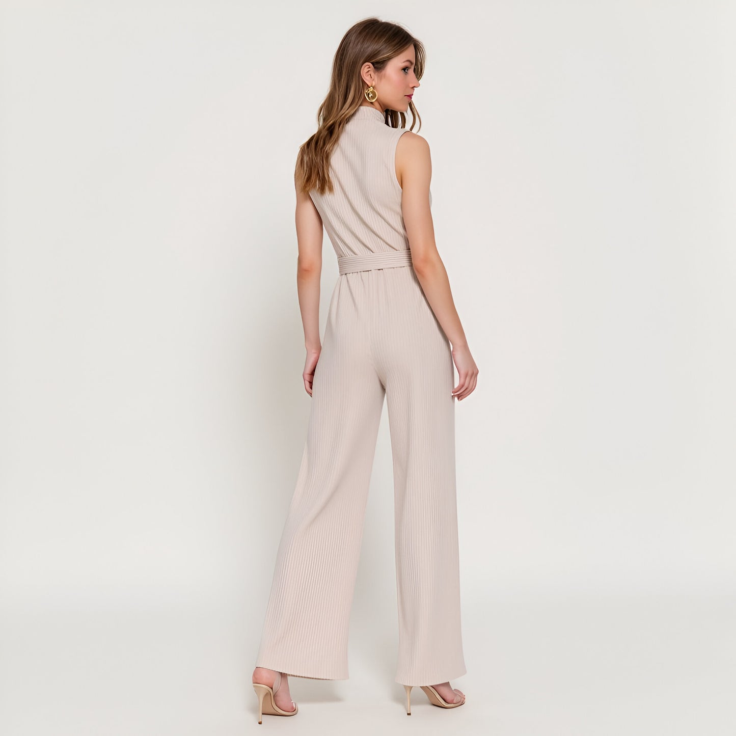 Sleeveless Ribbed Knit Belted Top and Wide-Leg Pants Set