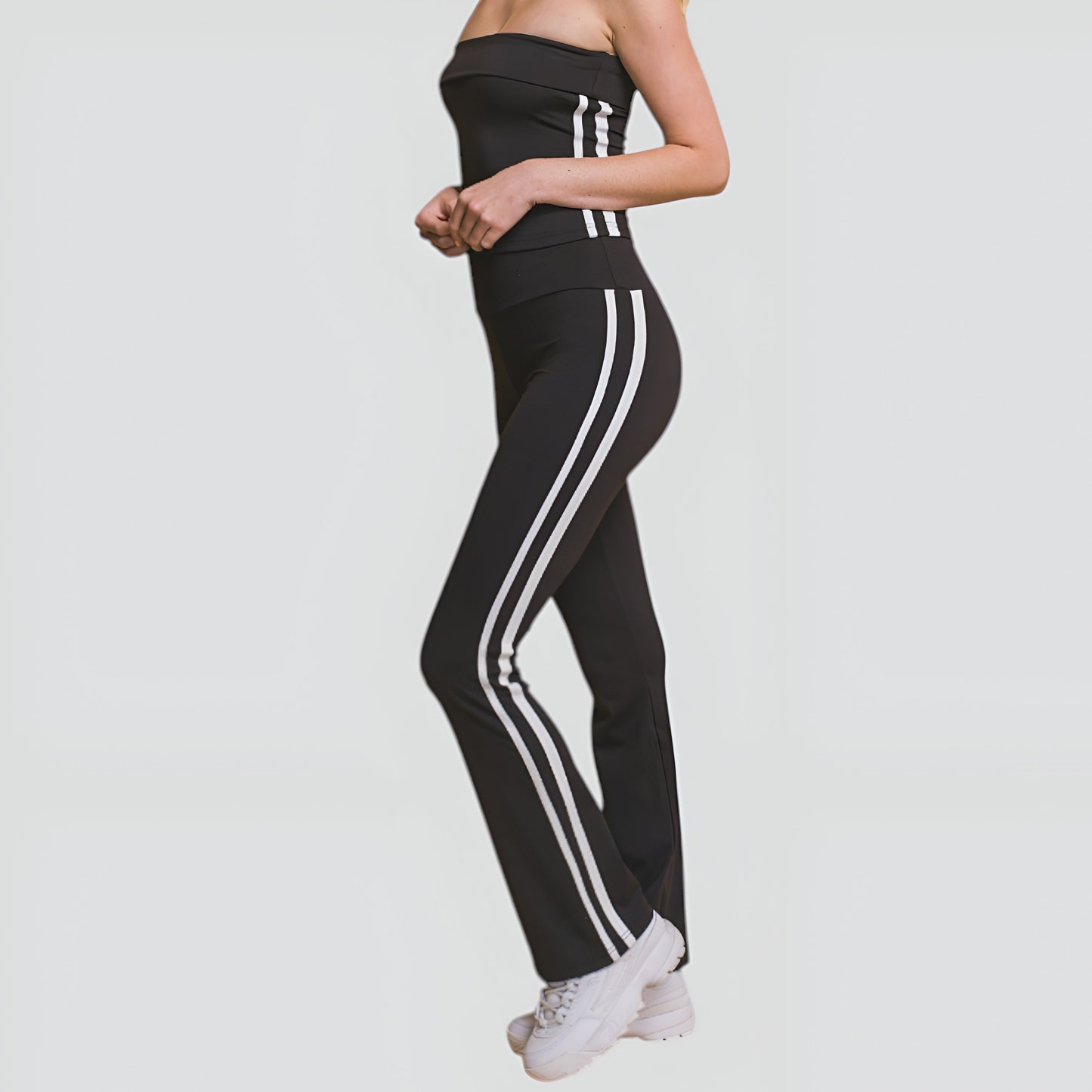 Athletic Stripe Bandeau Top and High Waist Flare Pants Two-Piece Set