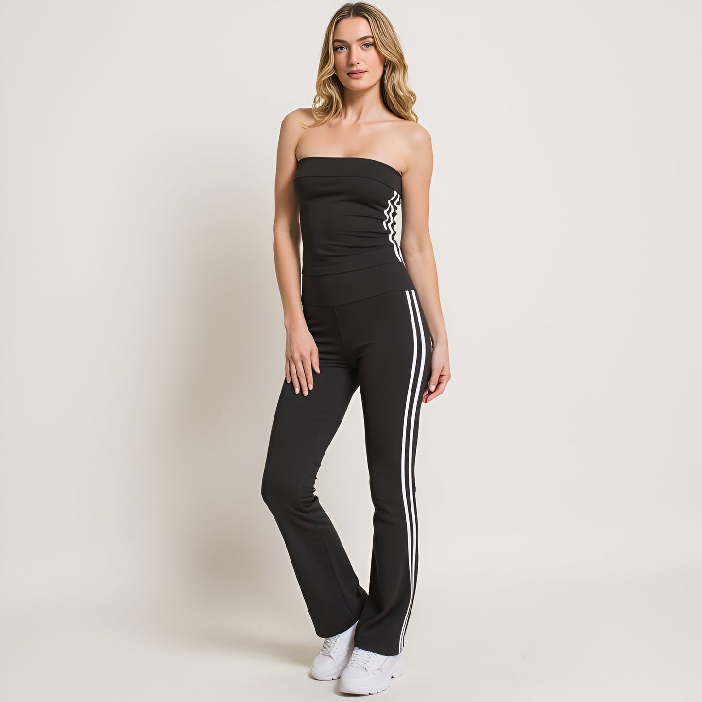 Athletic Stripe Bandeau Top and High Waist Flare Pants Two-Piece Set