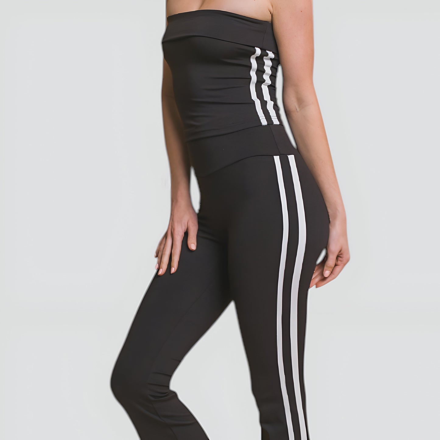 Athletic Stripe Bandeau Top and High Waist Flare Pants Two-Piece Set