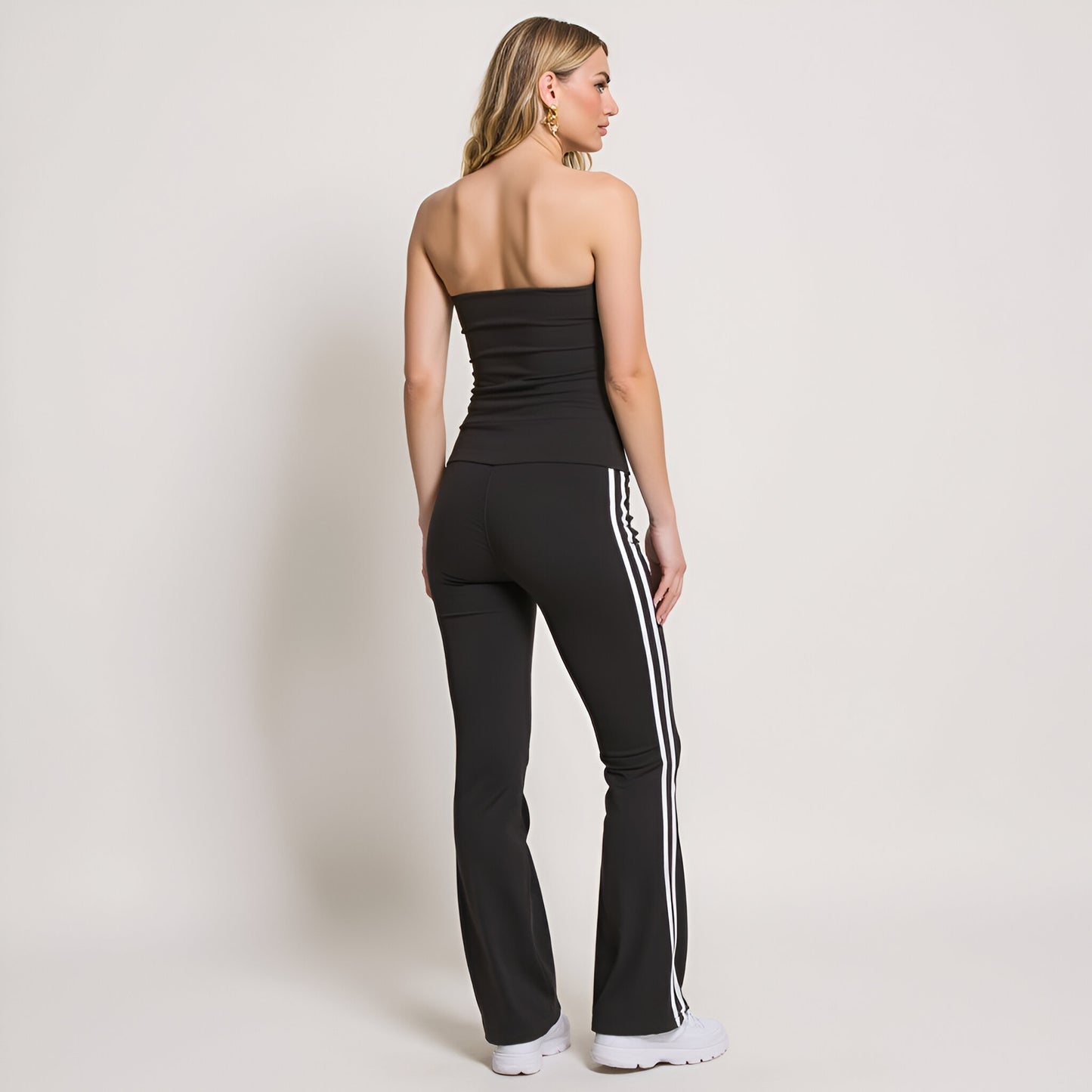 Athletic Stripe Bandeau Top and High Waist Flare Pants Two-Piece Set