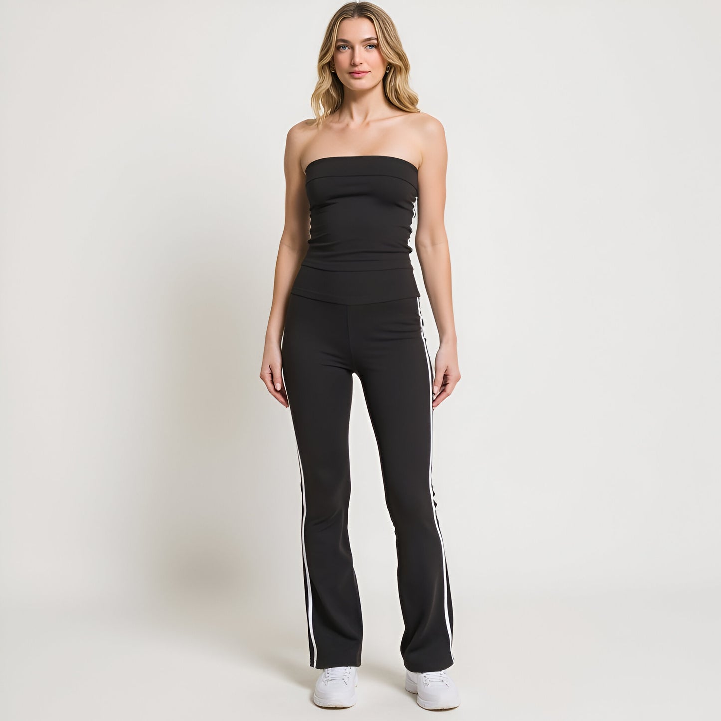 Athletic Stripe Bandeau Top and High Waist Flare Pants Two-Piece Set