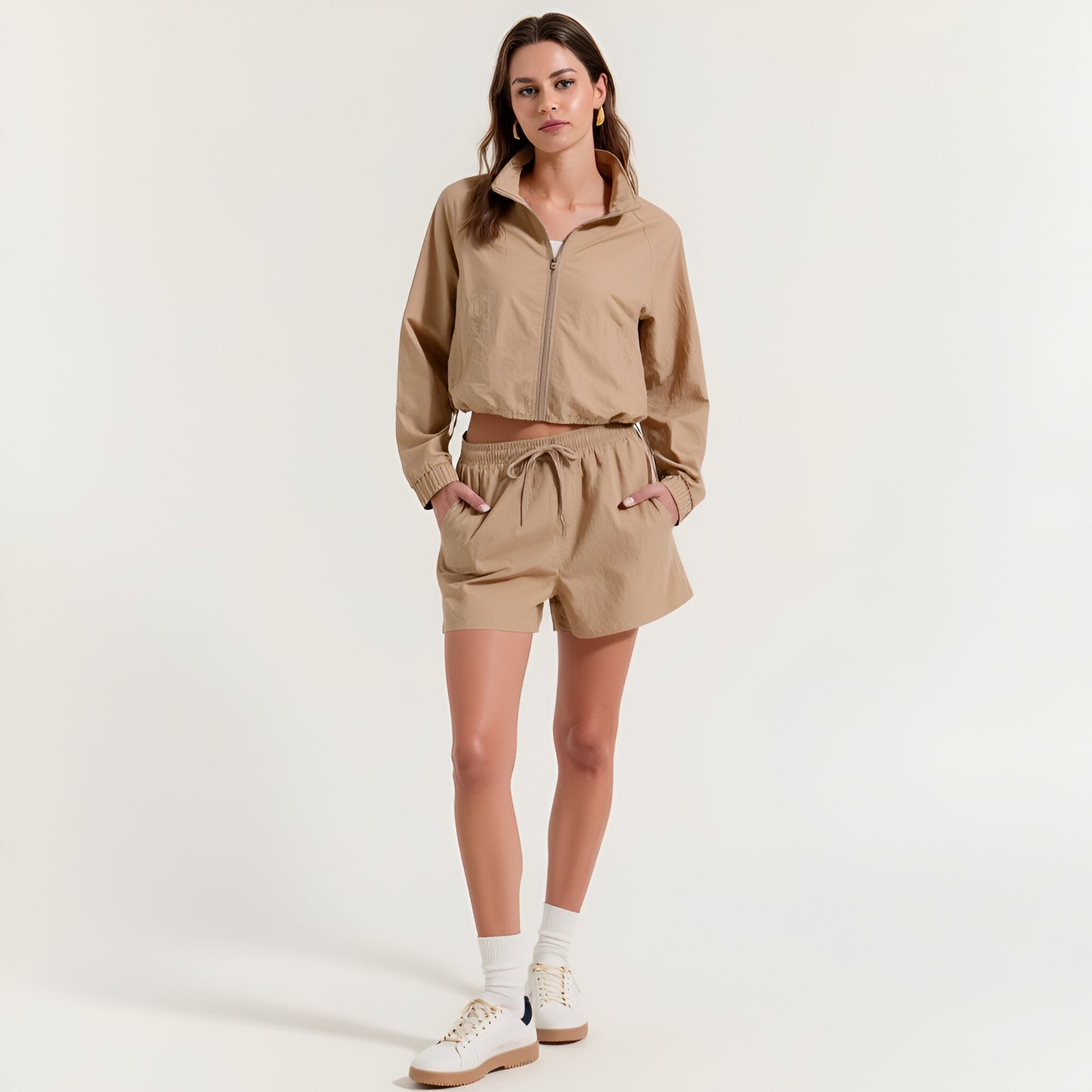 Cropped Zip-Front Jacket & High Waist Drawstring Shorts Set