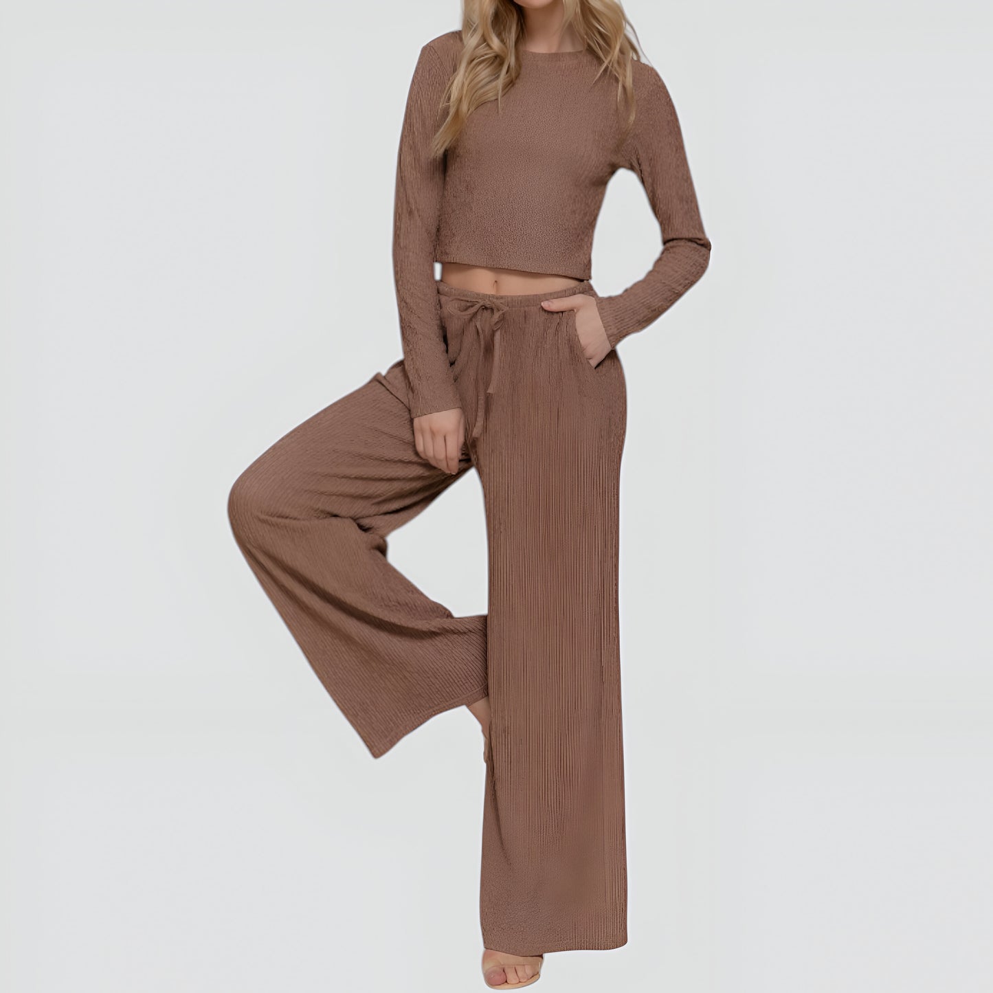 Ribbed Long Sleeve Crop Top and Wide Leg Lounge Pants Set with Drawstring
