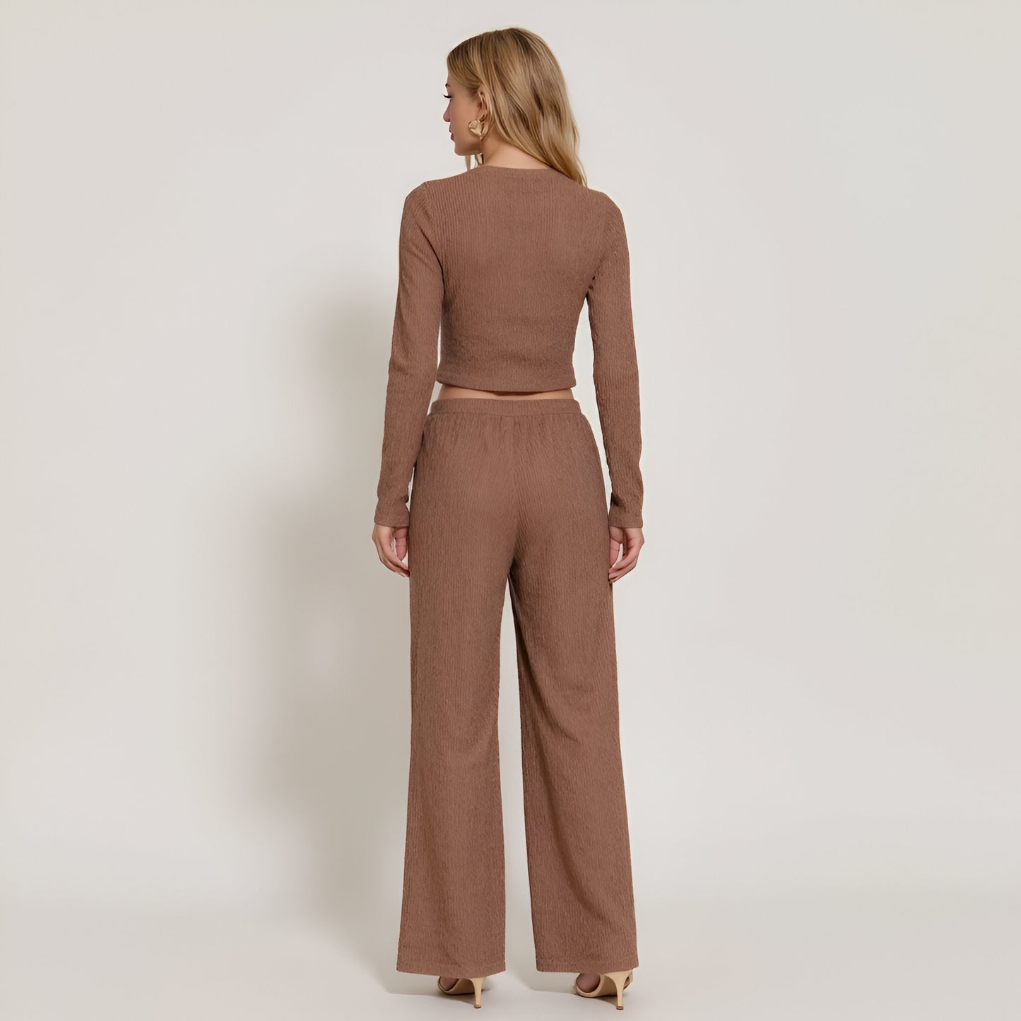 Ribbed Long Sleeve Crop Top and Wide Leg Lounge Pants Set with Drawstring