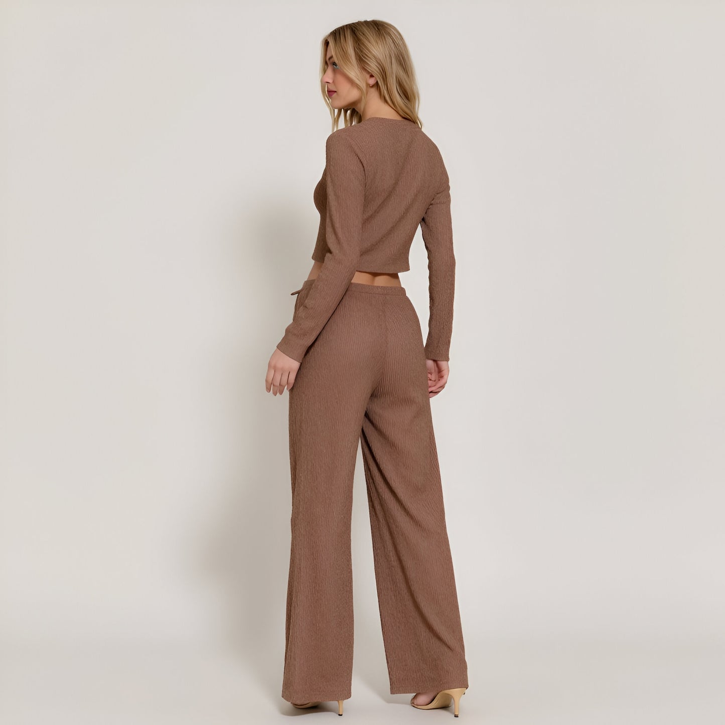 Ribbed Long Sleeve Crop Top and Wide Leg Lounge Pants Set with Drawstring