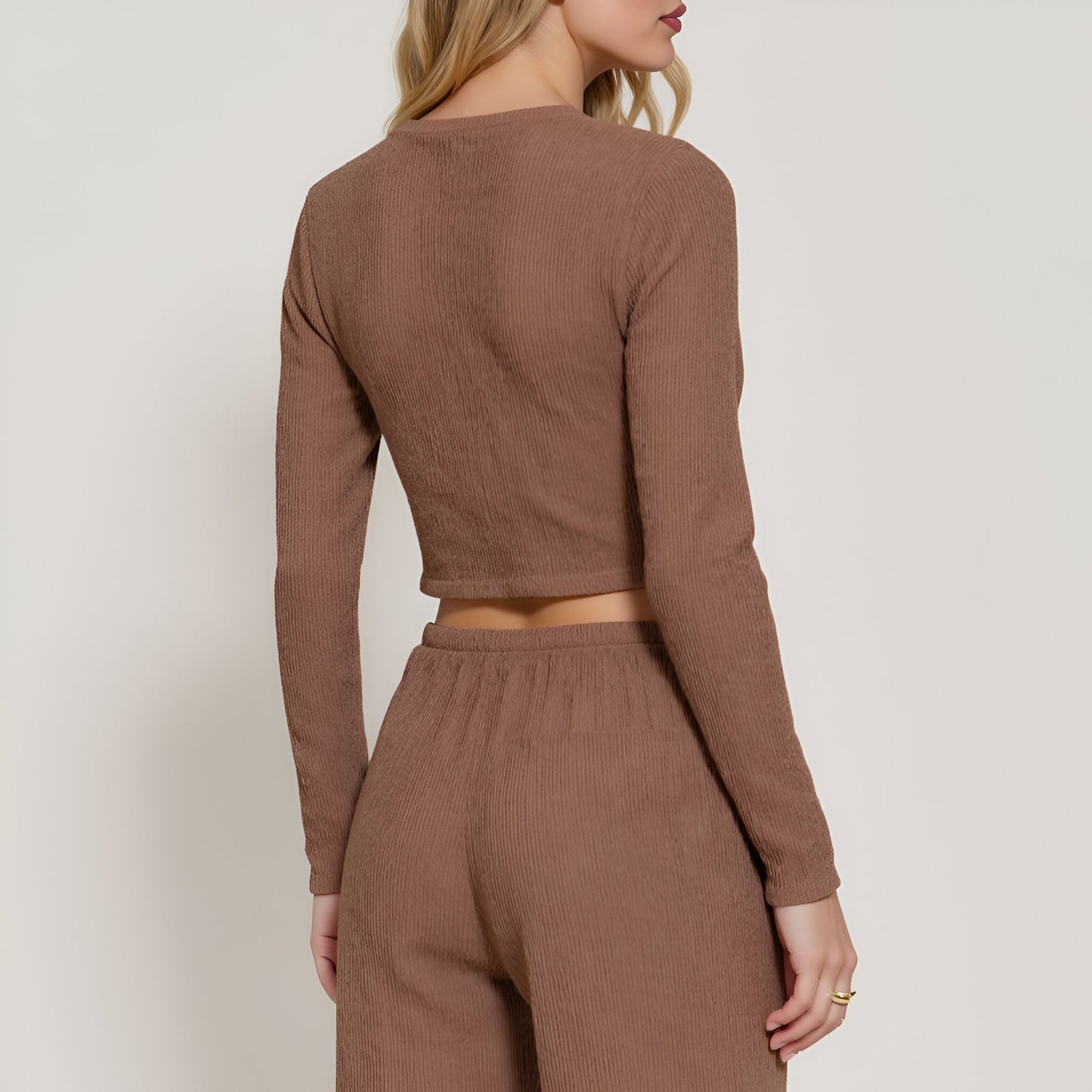 Ribbed Long Sleeve Crop Top and Wide Leg Lounge Pants Set with Drawstring