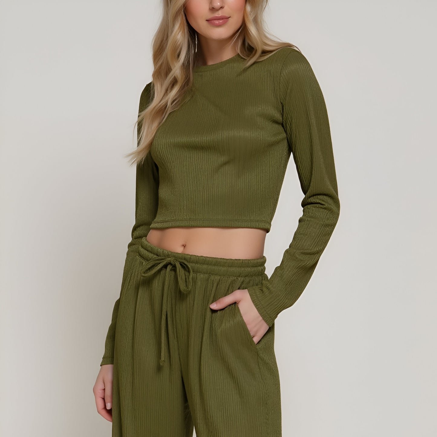 Ribbed Long Sleeve Crop Top and Wide Leg Lounge Pants Set with Drawstring