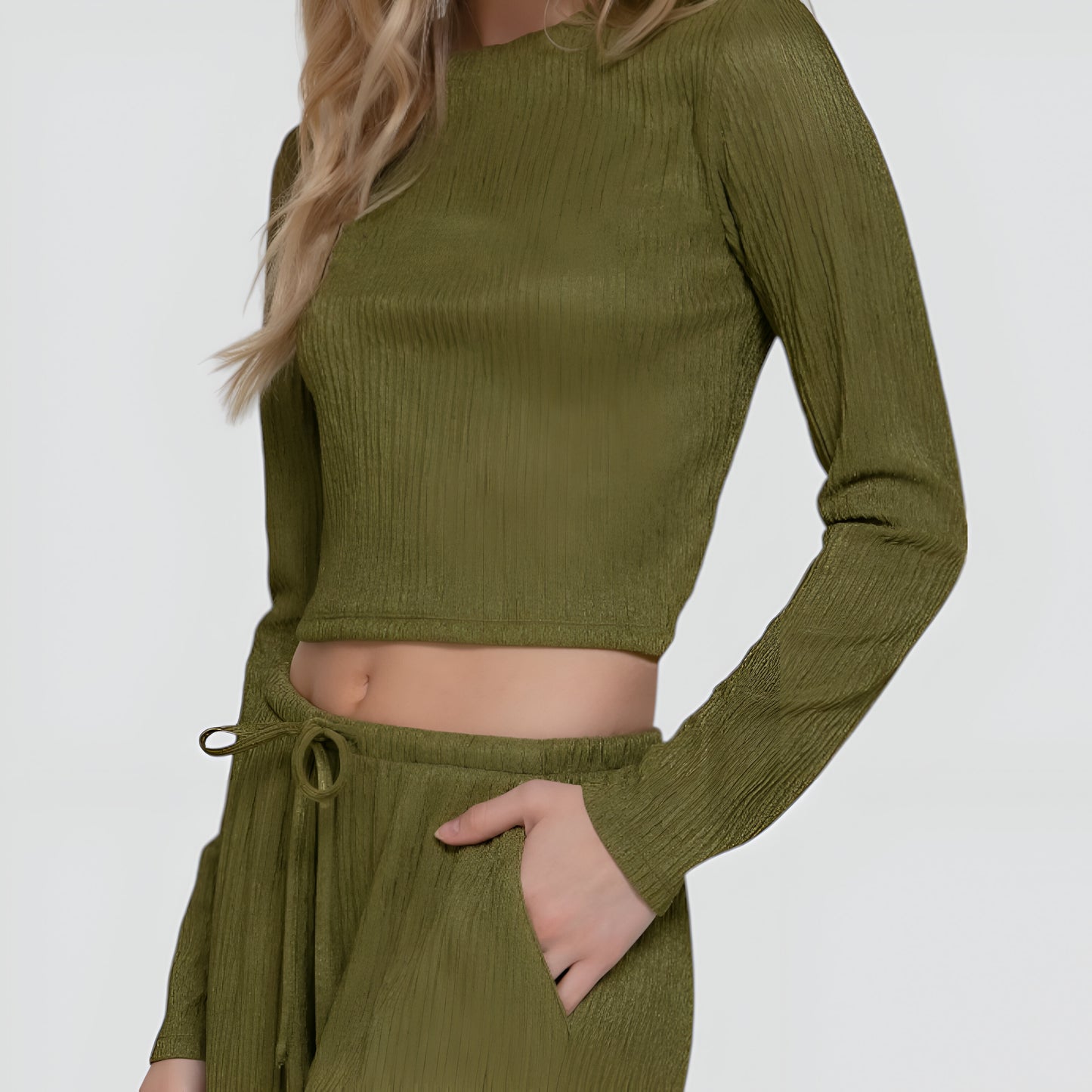 Ribbed Long Sleeve Crop Top and Wide Leg Lounge Pants Set with Drawstring