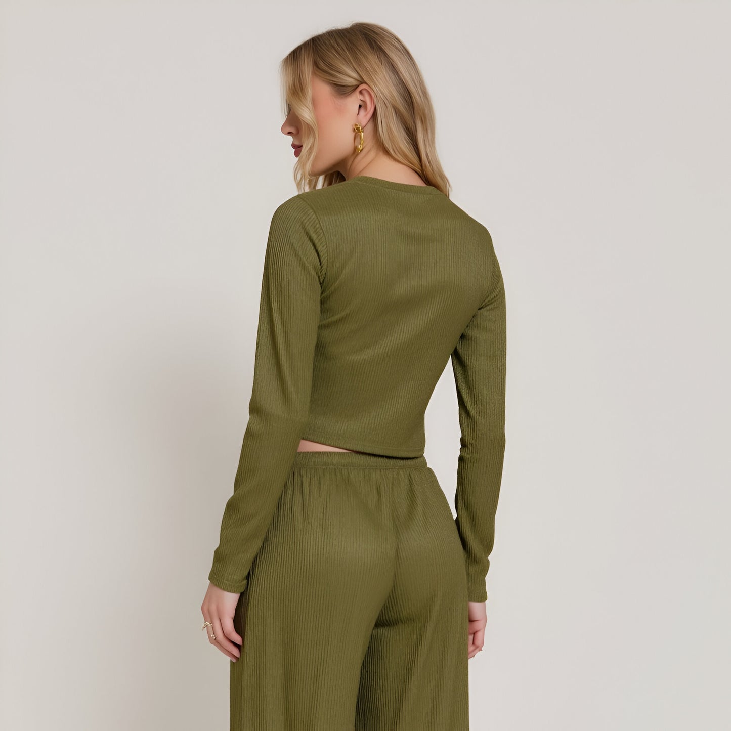Ribbed Long Sleeve Crop Top and Wide Leg Lounge Pants Set with Drawstring