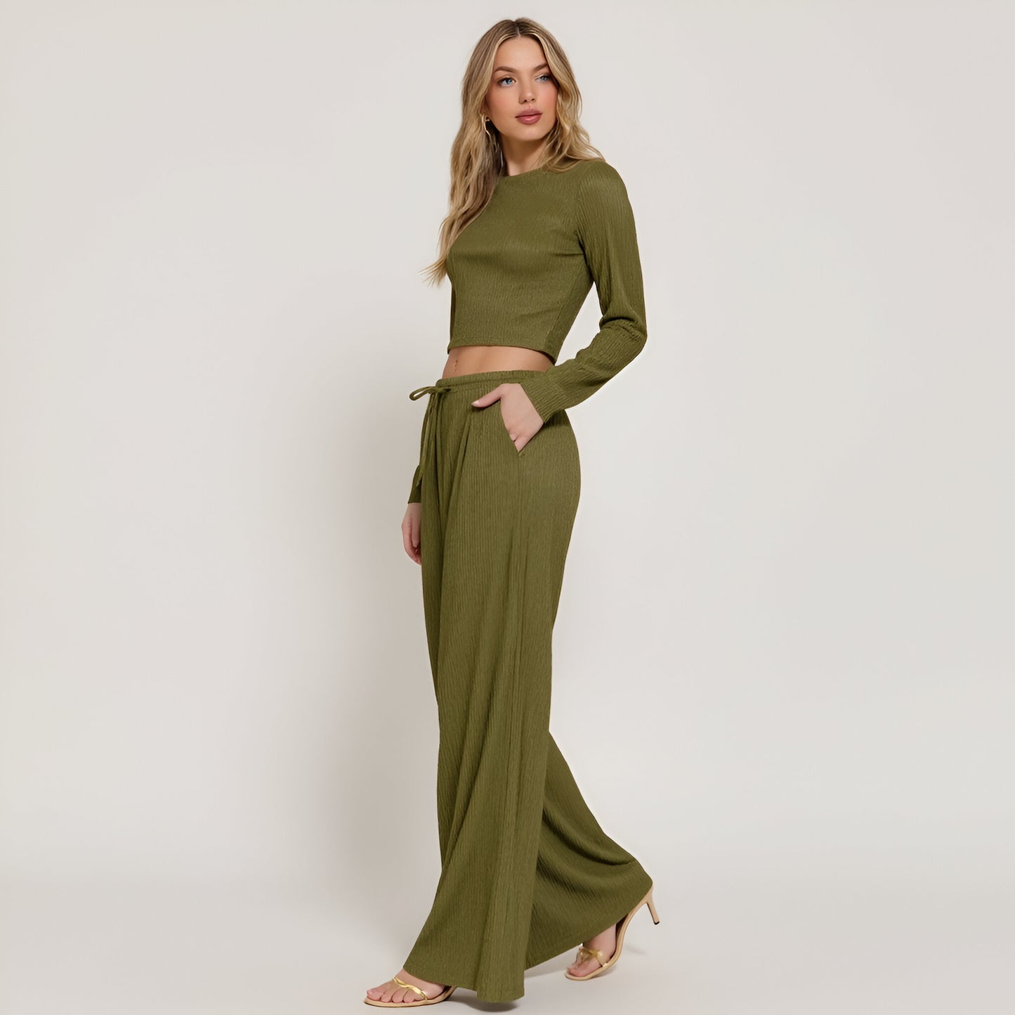 Ribbed Long Sleeve Crop Top and Wide Leg Lounge Pants Set with Drawstring