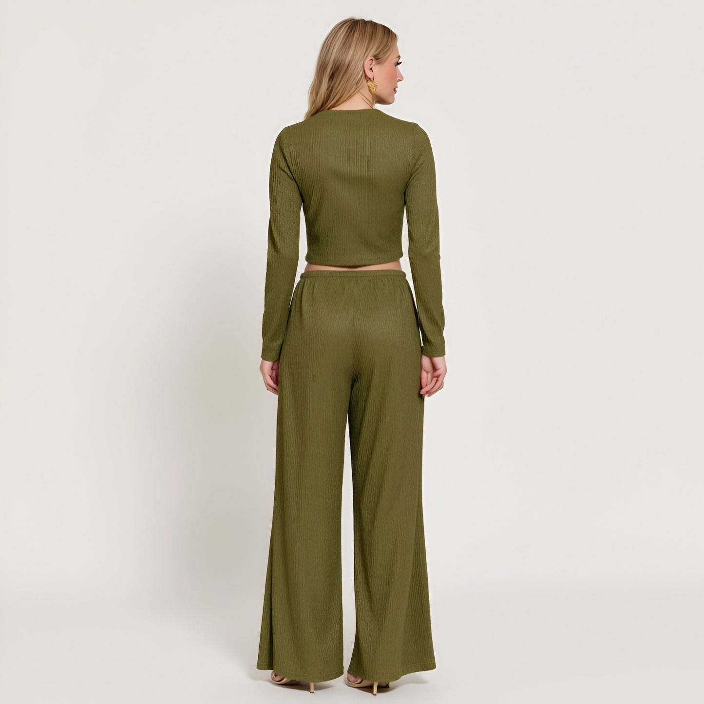 Ribbed Long Sleeve Crop Top and Wide Leg Lounge Pants Set with Drawstring