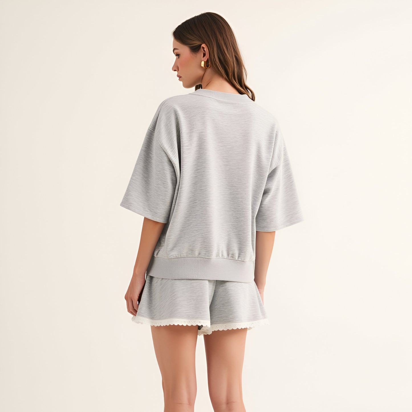 Lace Trim French Terry Lounge Set with Boxy Short Sleeve Top and Shorts