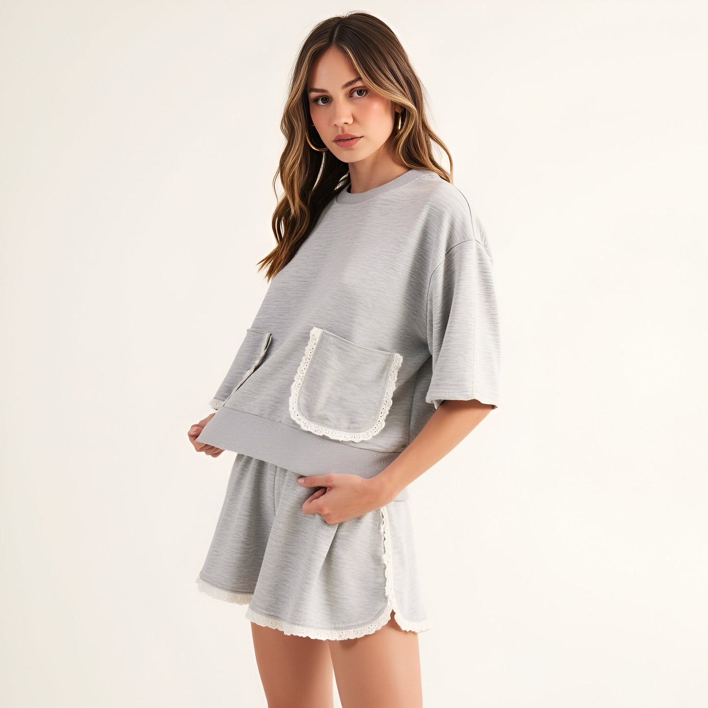 Lace Trim French Terry Lounge Set with Boxy Short Sleeve Top and Shorts