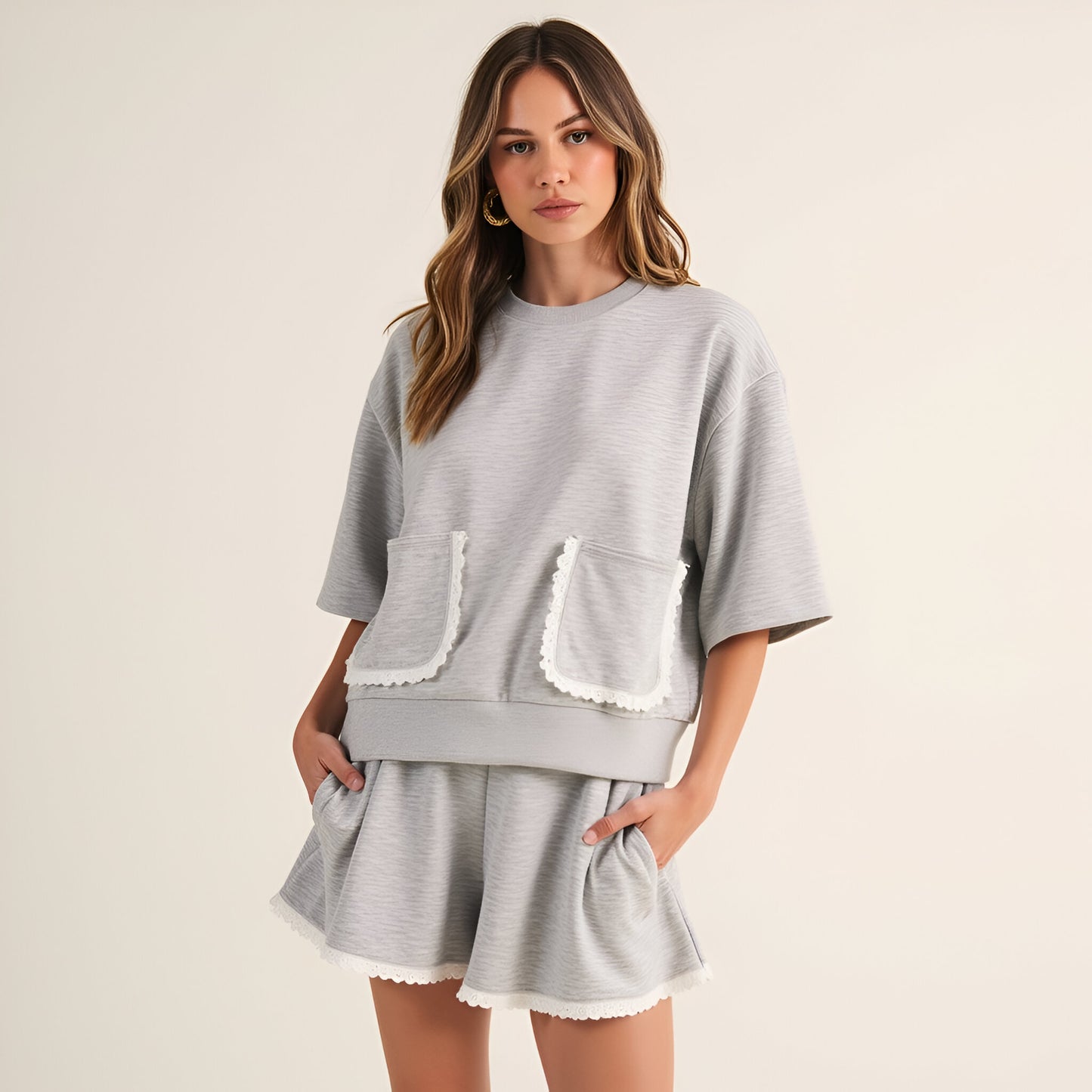 Lace Trim French Terry Lounge Set with Boxy Short Sleeve Top and Shorts