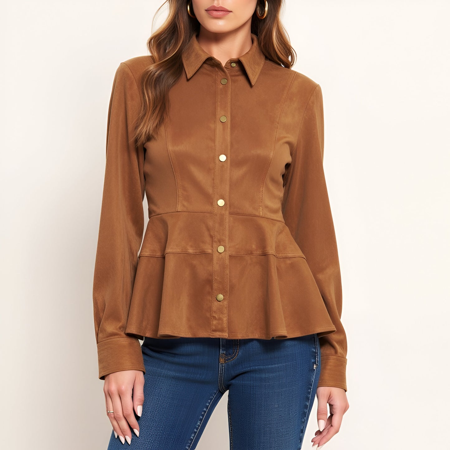 Peplum Snap Front Shirt Jacket with Long Sleeves and Collared Neckline