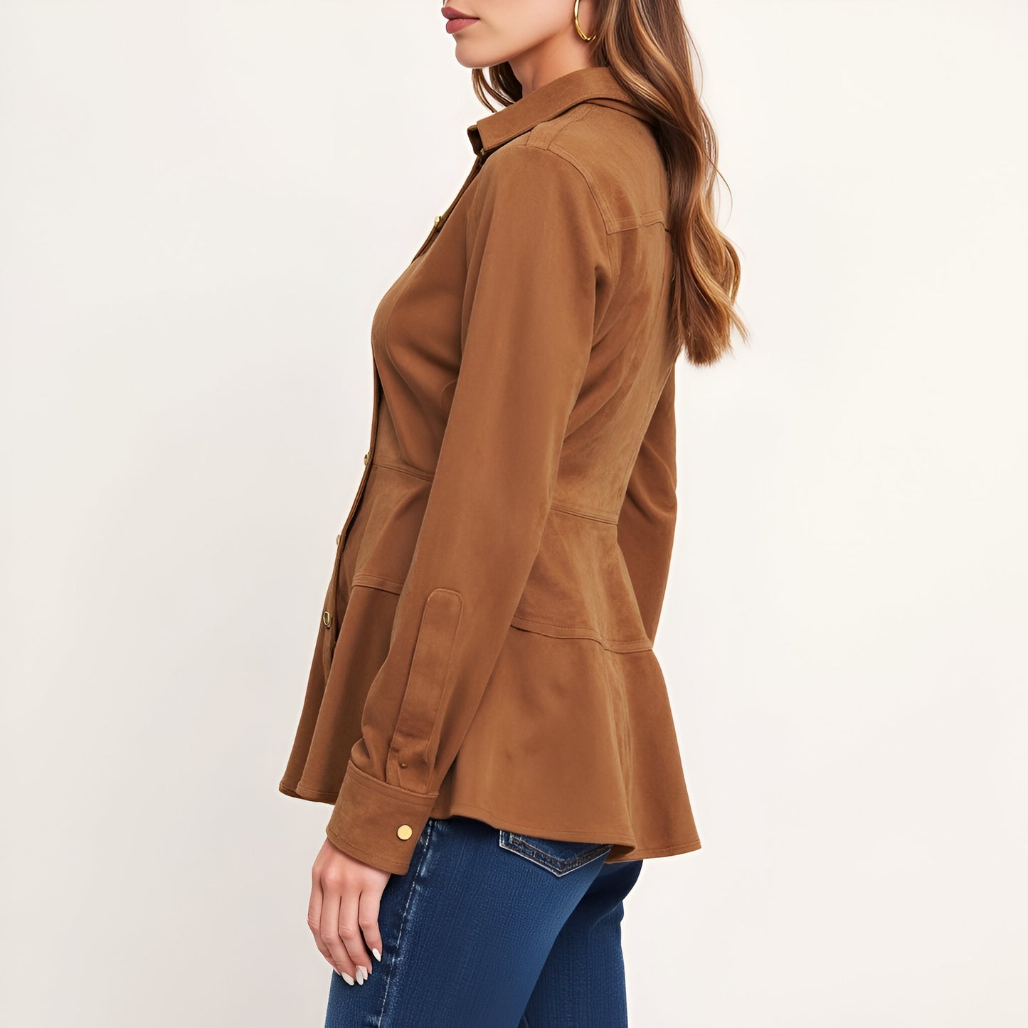 Peplum Snap Front Shirt Jacket with Long Sleeves and Collared Neckline