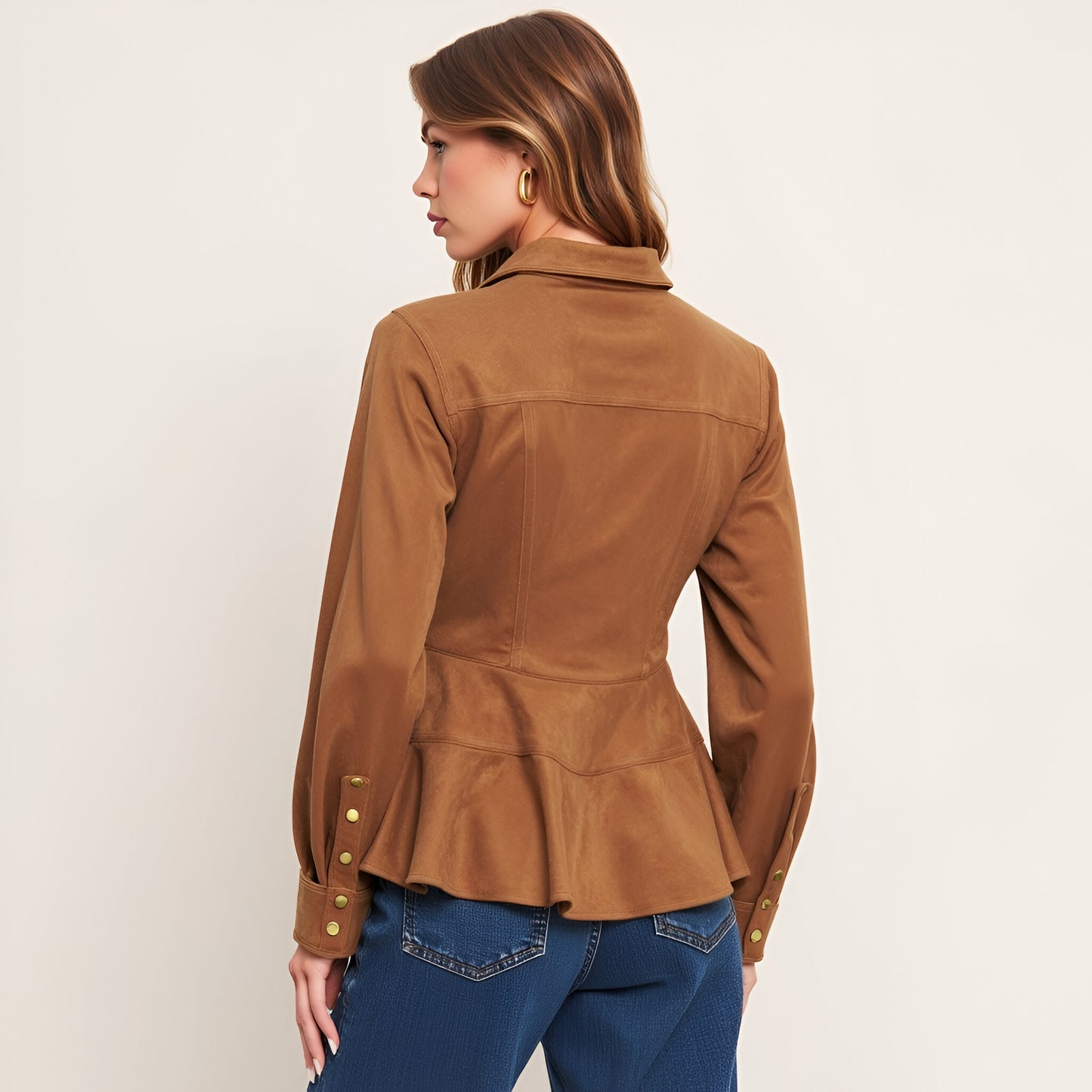 Peplum Snap Front Shirt Jacket with Long Sleeves and Collared Neckline