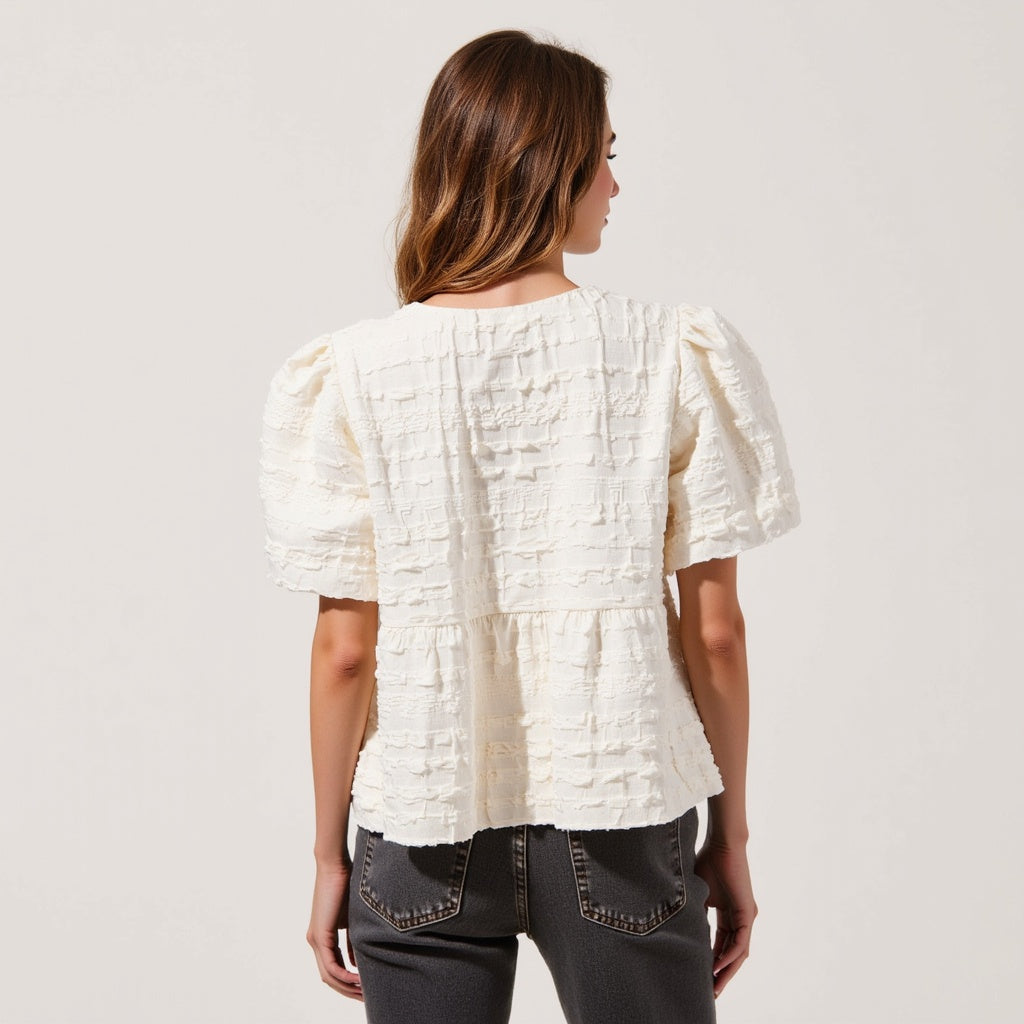 Textured Puff-Sleeve Peplum Blouse with Bow-Tie Front
