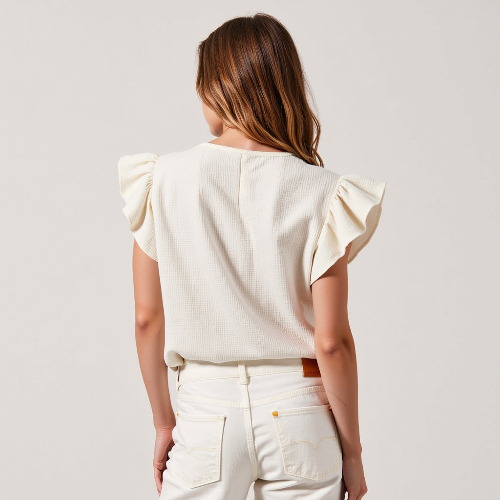 Ruffle-Sleeve Button-Front Blouse with Floral Embroidery