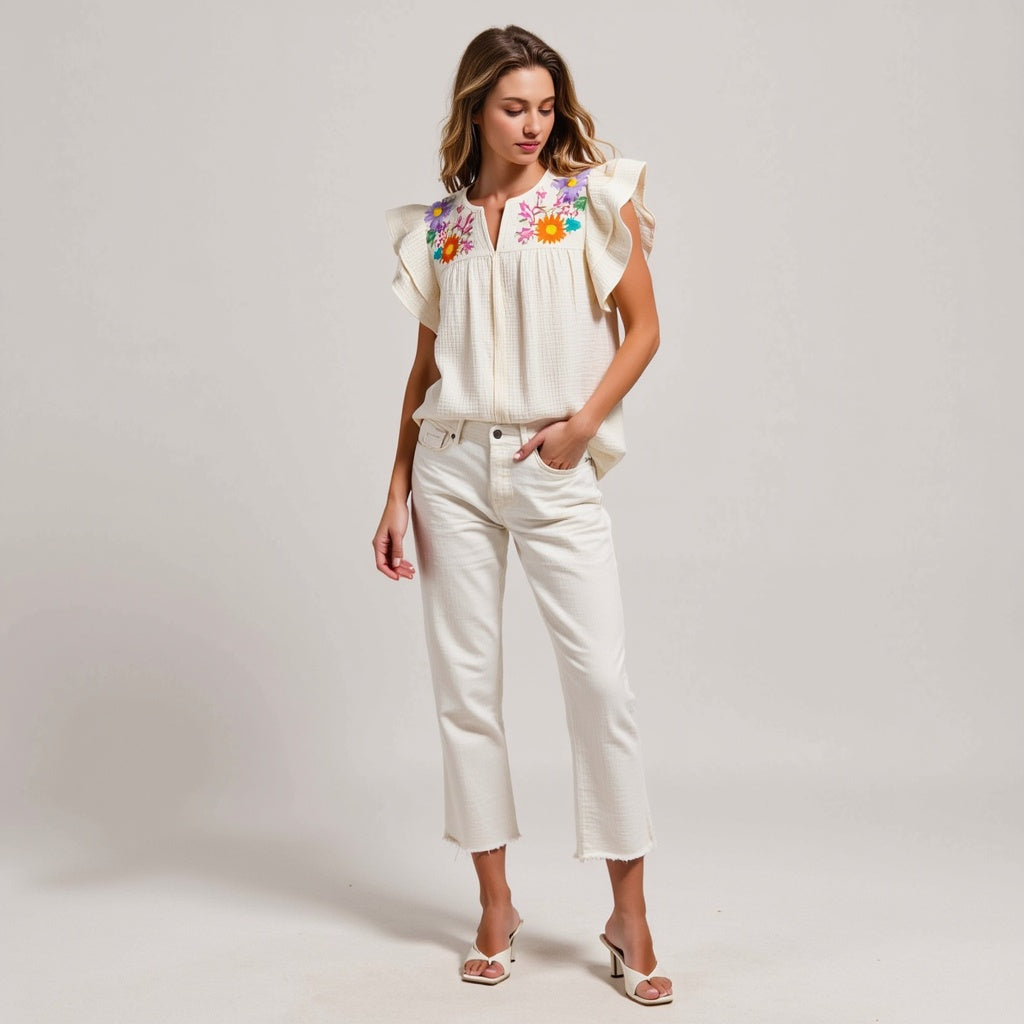 Ruffle-Sleeve Button-Front Blouse with Floral Embroidery