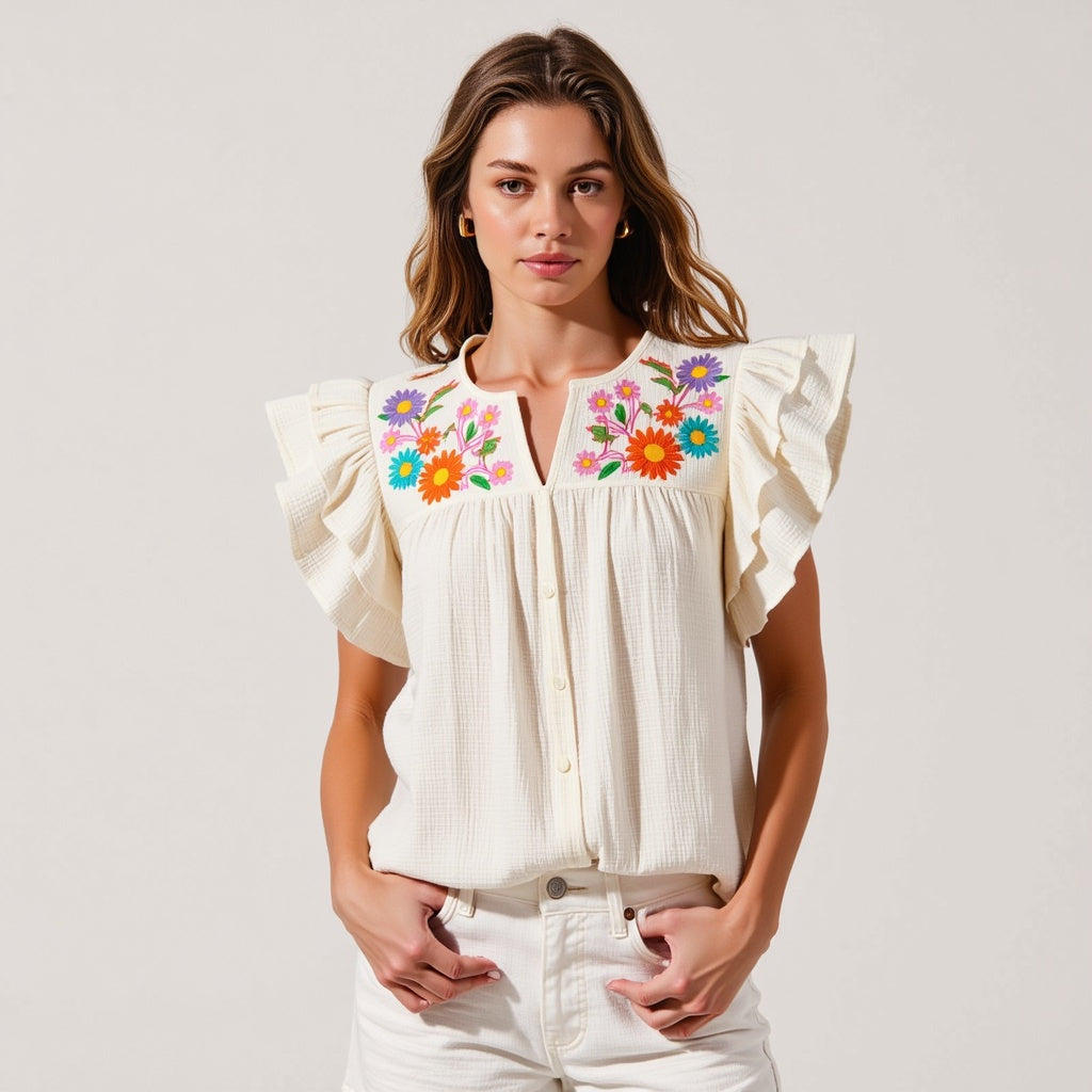 Ruffle-Sleeve Button-Front Blouse with Floral Embroidery