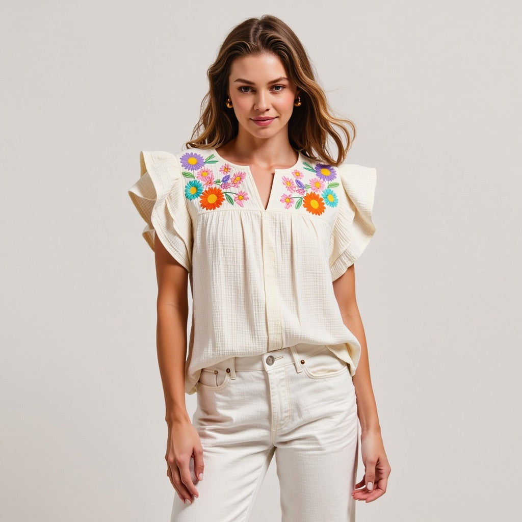 Ruffle-Sleeve Button-Front Blouse with Floral Embroidery