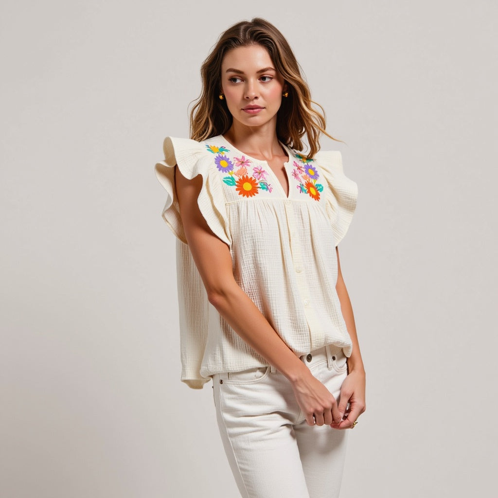 Ruffle-Sleeve Button-Front Blouse with Floral Embroidery