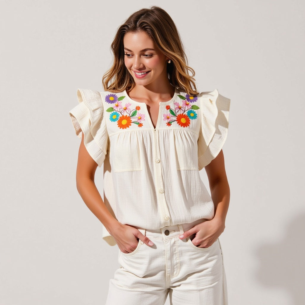 Ruffle-Sleeve Button-Front Blouse with Floral Embroidery
