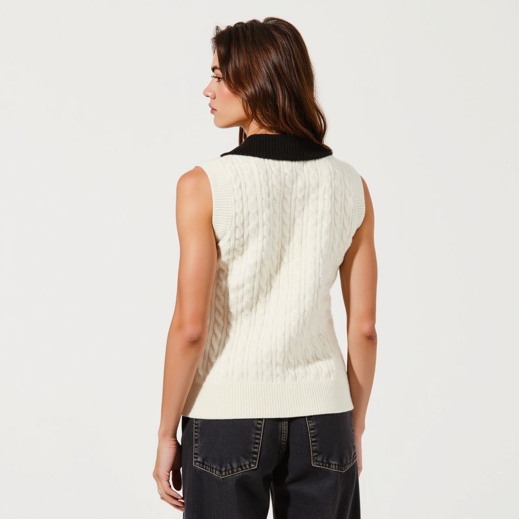 Sleeveless Cable Knit Vest with Contrast Collar and Pocket Accents