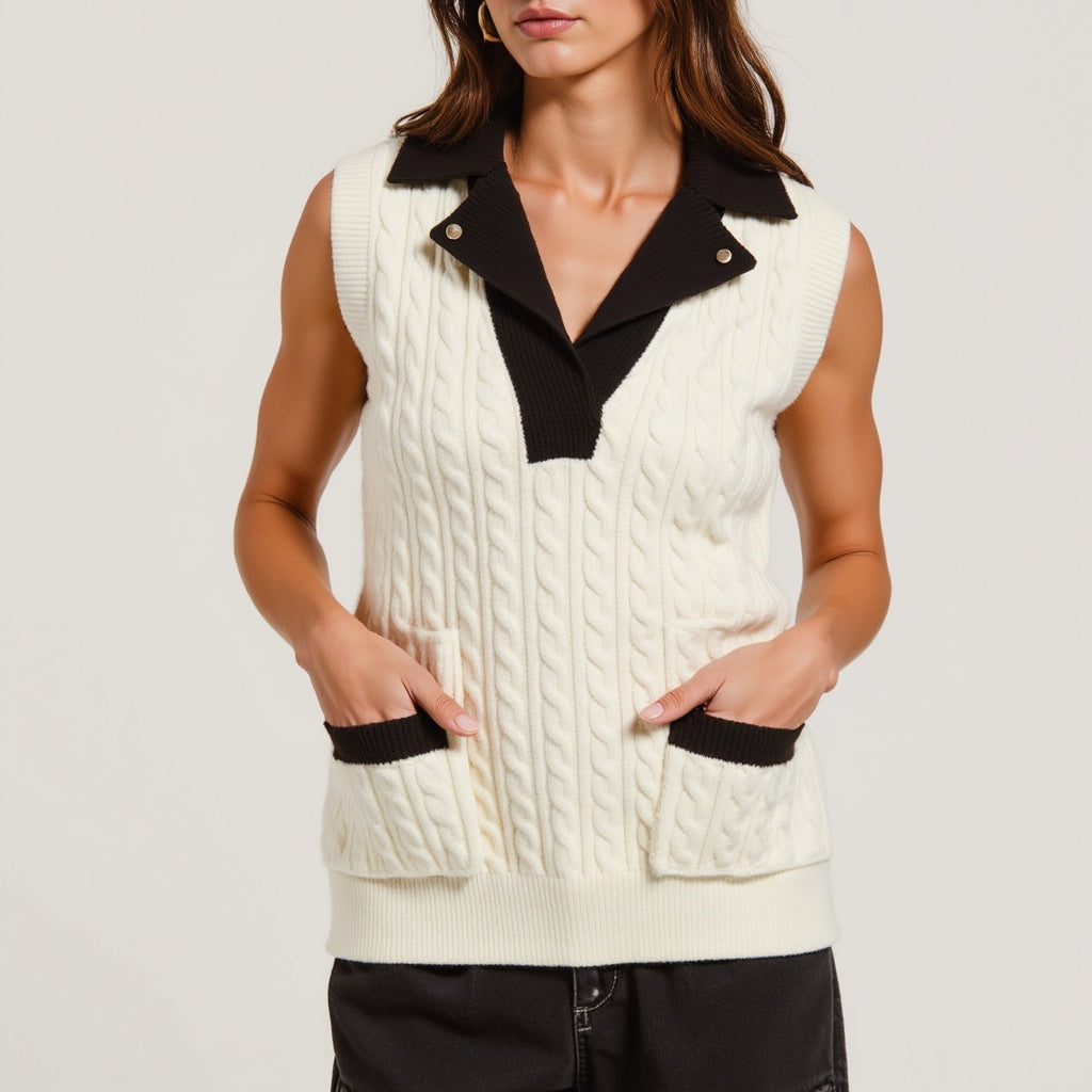 Sleeveless Cable Knit Vest with Contrast Collar and Pocket Accents
