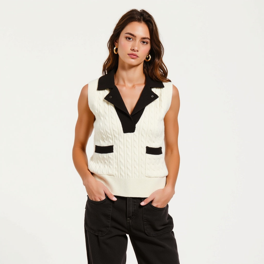 Sleeveless Cable Knit Vest with Contrast Collar and Pocket Accents