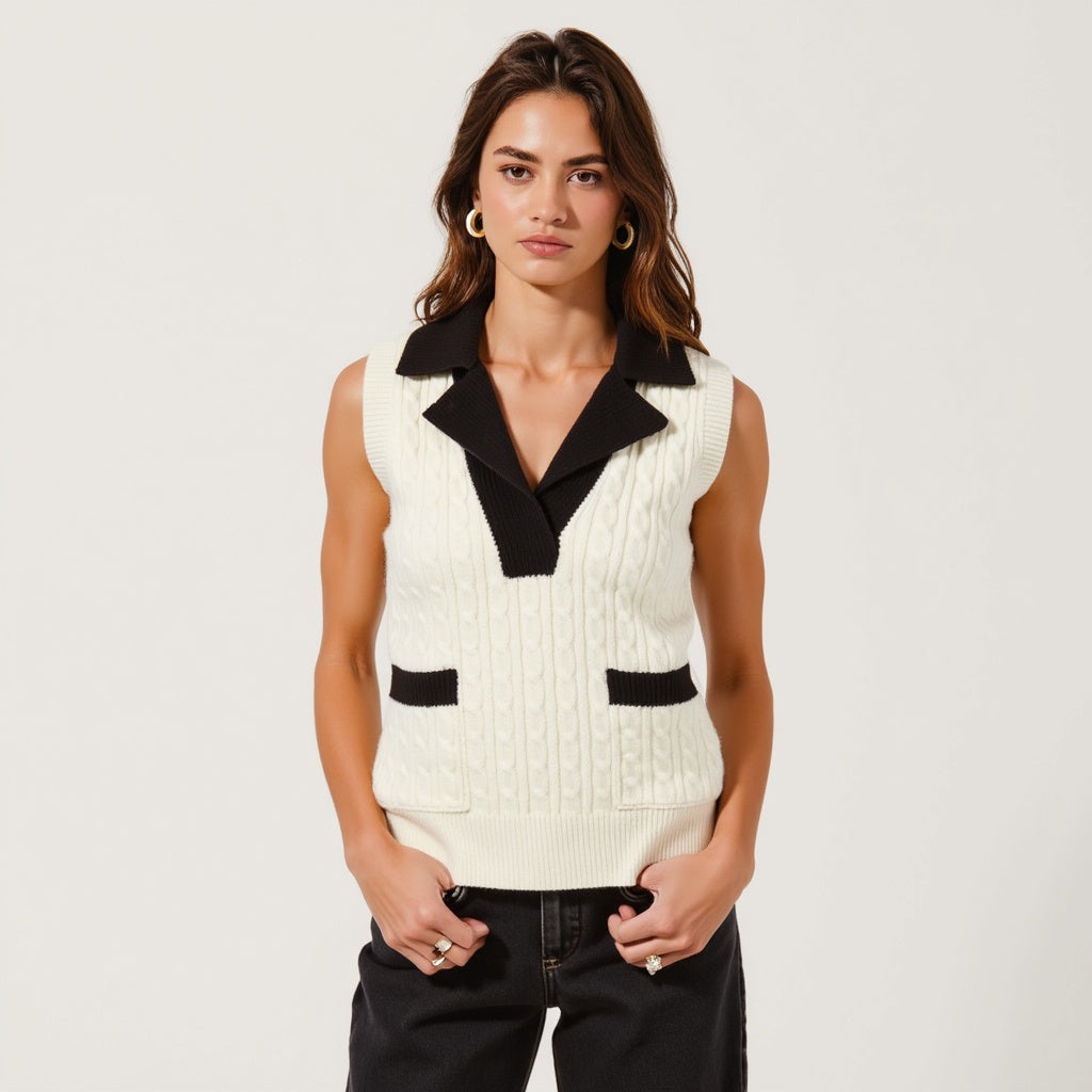 Sleeveless Cable Knit Vest with Contrast Collar and Pocket Accents