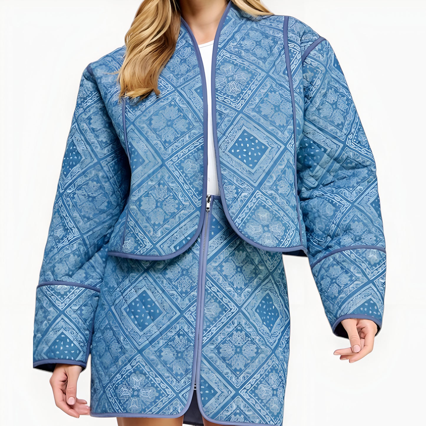 Diamond Pattern Quilted Jacket with Piped Trim and Open Front