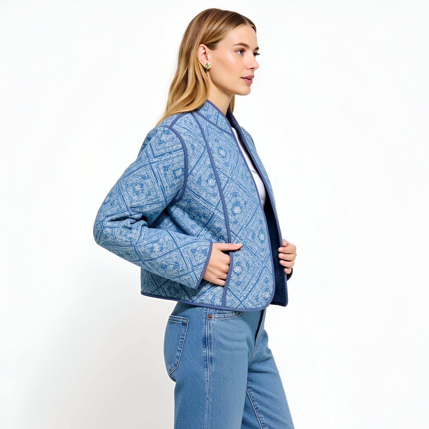 Diamond Pattern Quilted Jacket with Piped Trim and Open Front