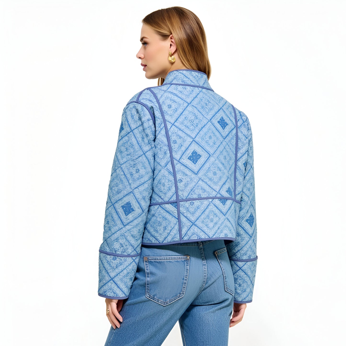 Diamond Pattern Quilted Jacket with Piped Trim and Open Front