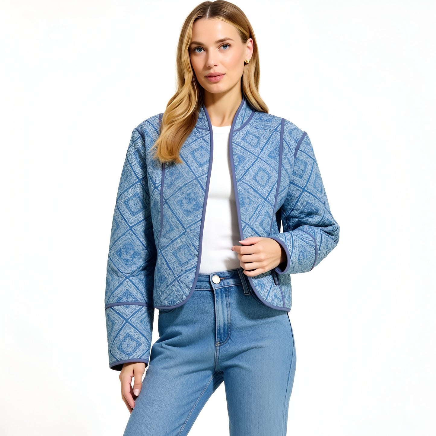 Diamond Pattern Quilted Jacket with Piped Trim and Open Front