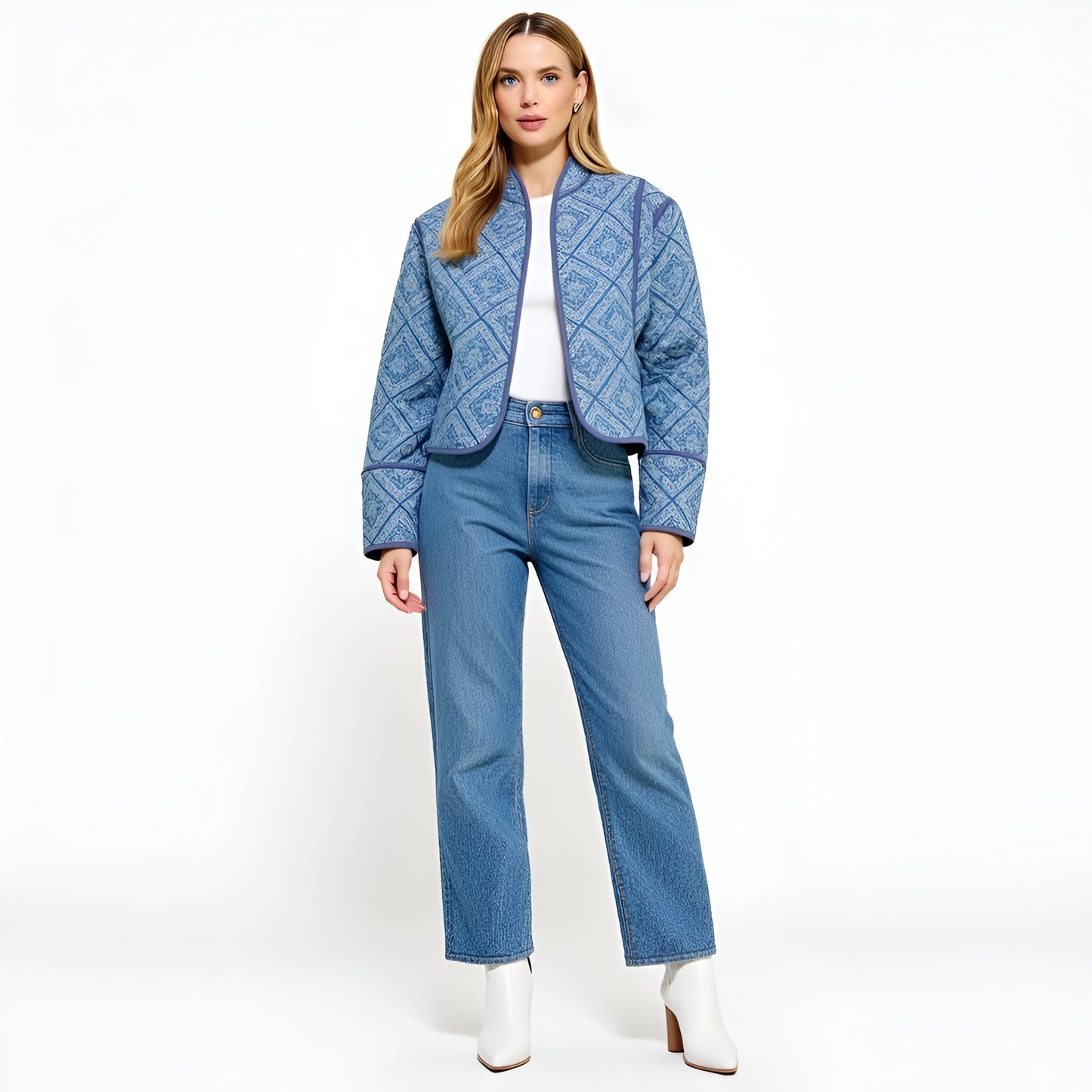 Diamond Pattern Quilted Jacket with Piped Trim and Open Front