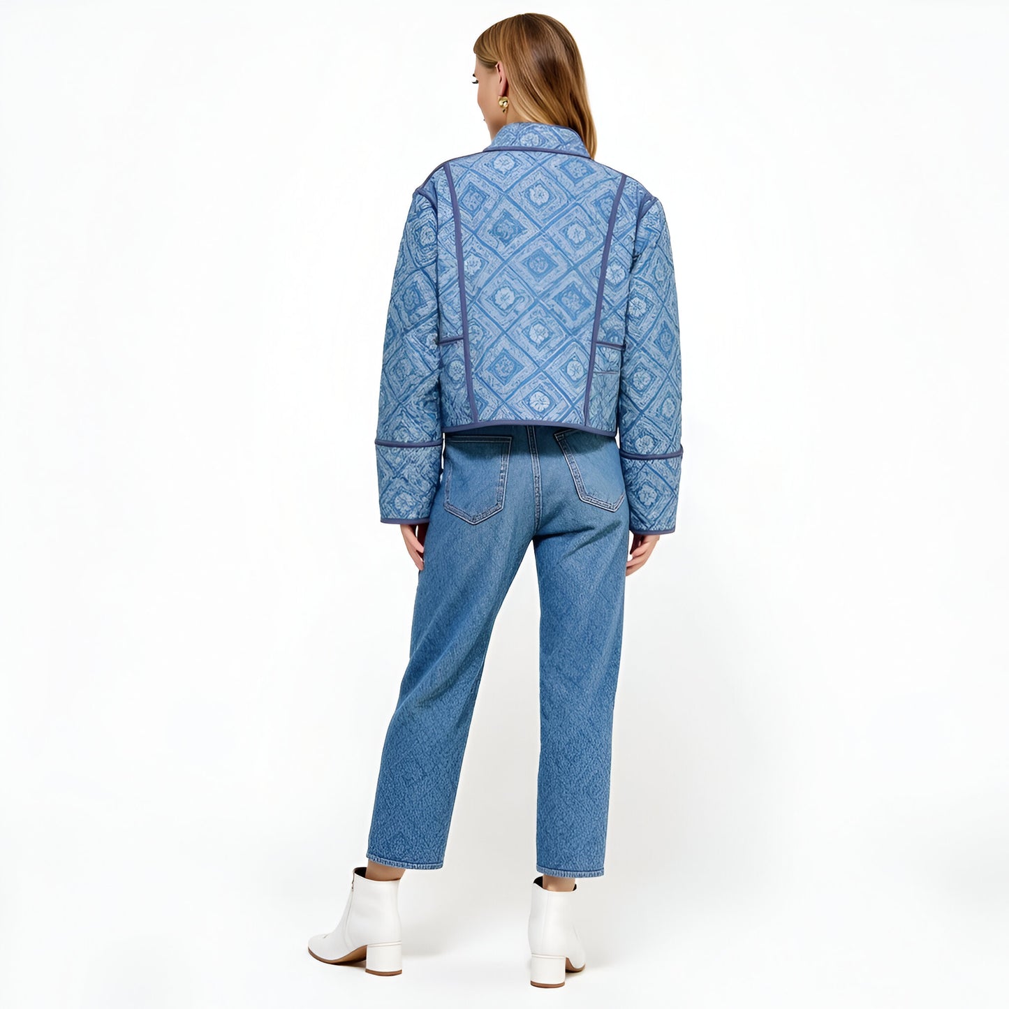 Diamond Pattern Quilted Jacket with Piped Trim and Open Front