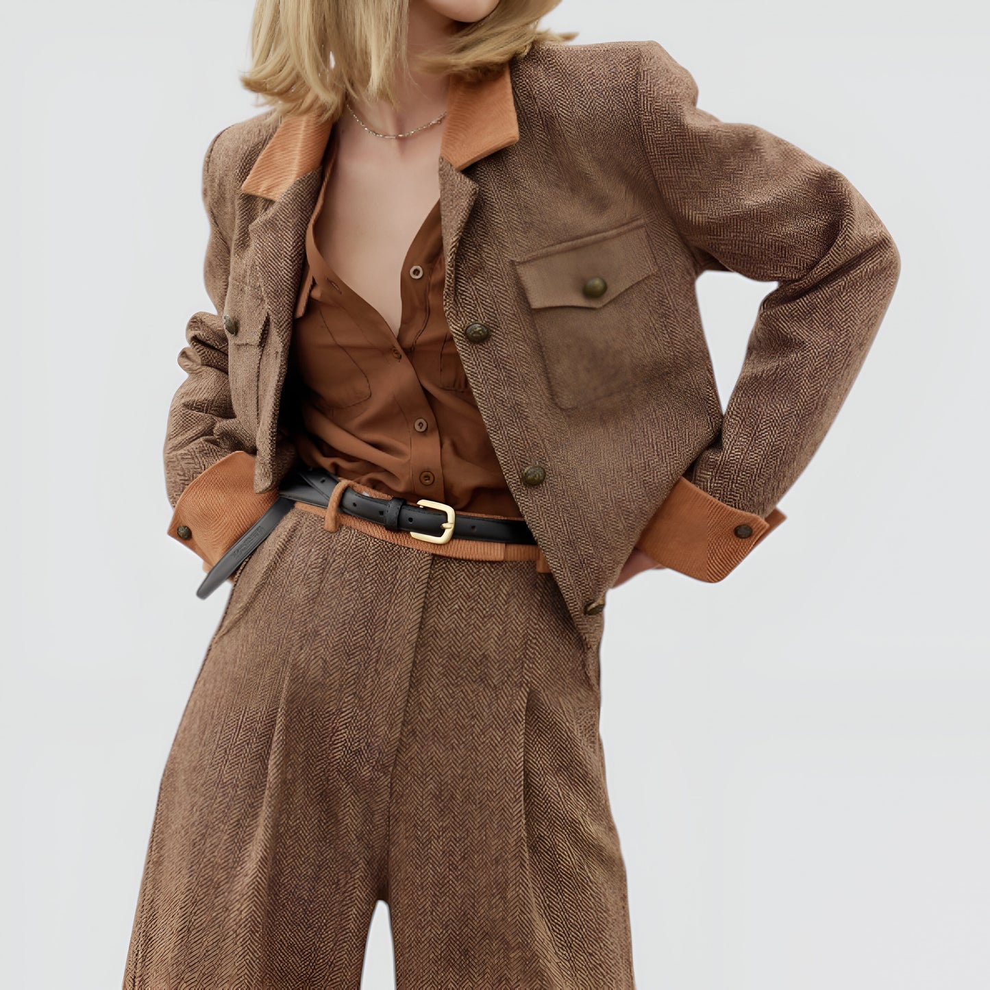 Cropped Blazer Jacket with Contrast Collar, Flap Pockets and Button Cuffs